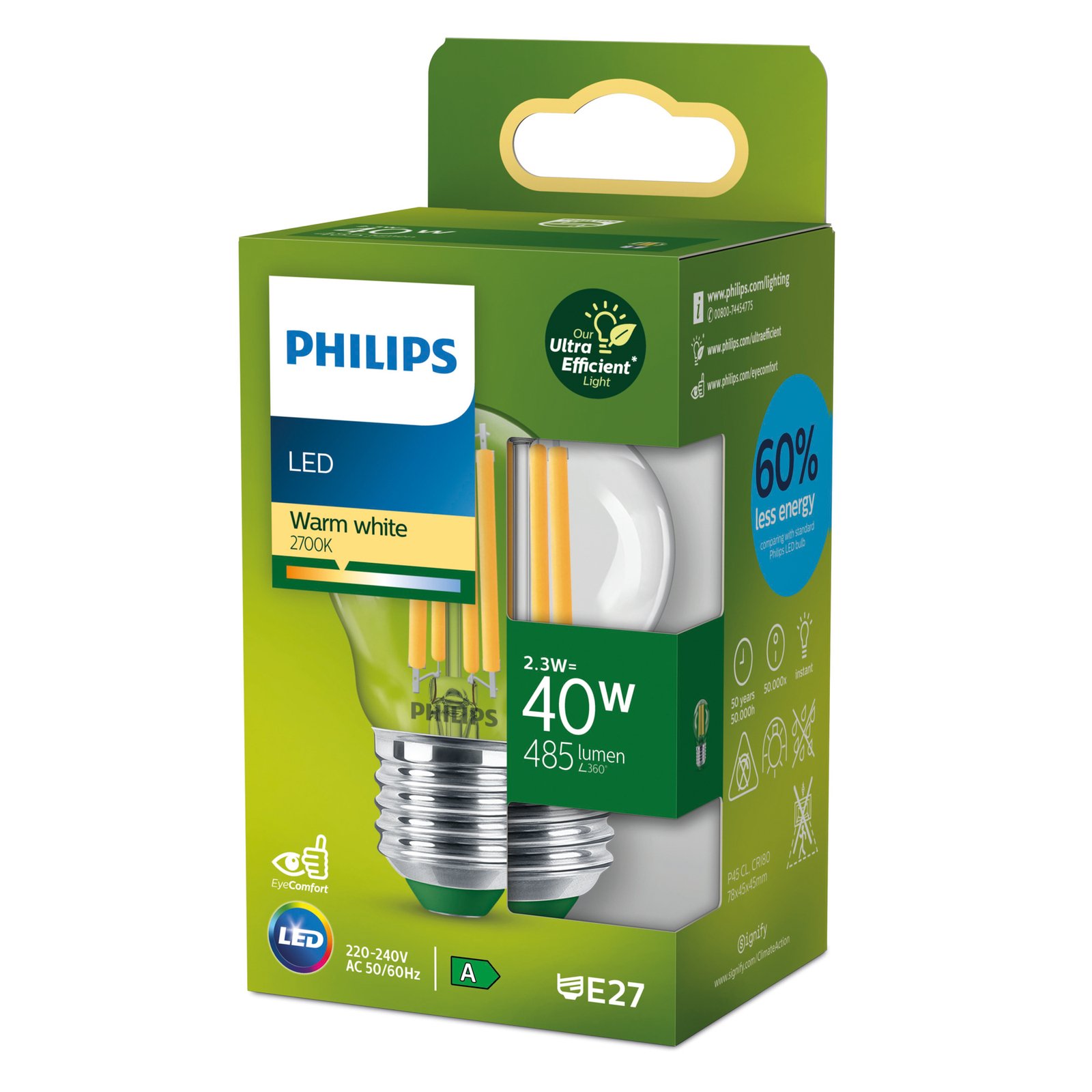 Philips E27 LED lamp G45 2,3W 485lm 2.700K helder