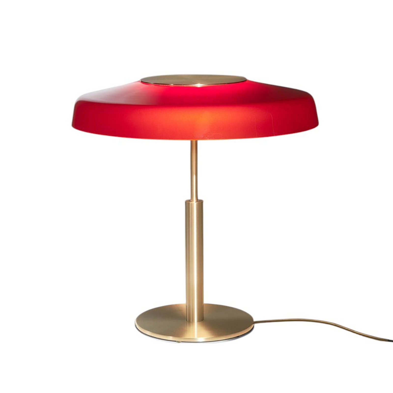 Oluce LED table lamp Dora, gold, red, metal, PMMA