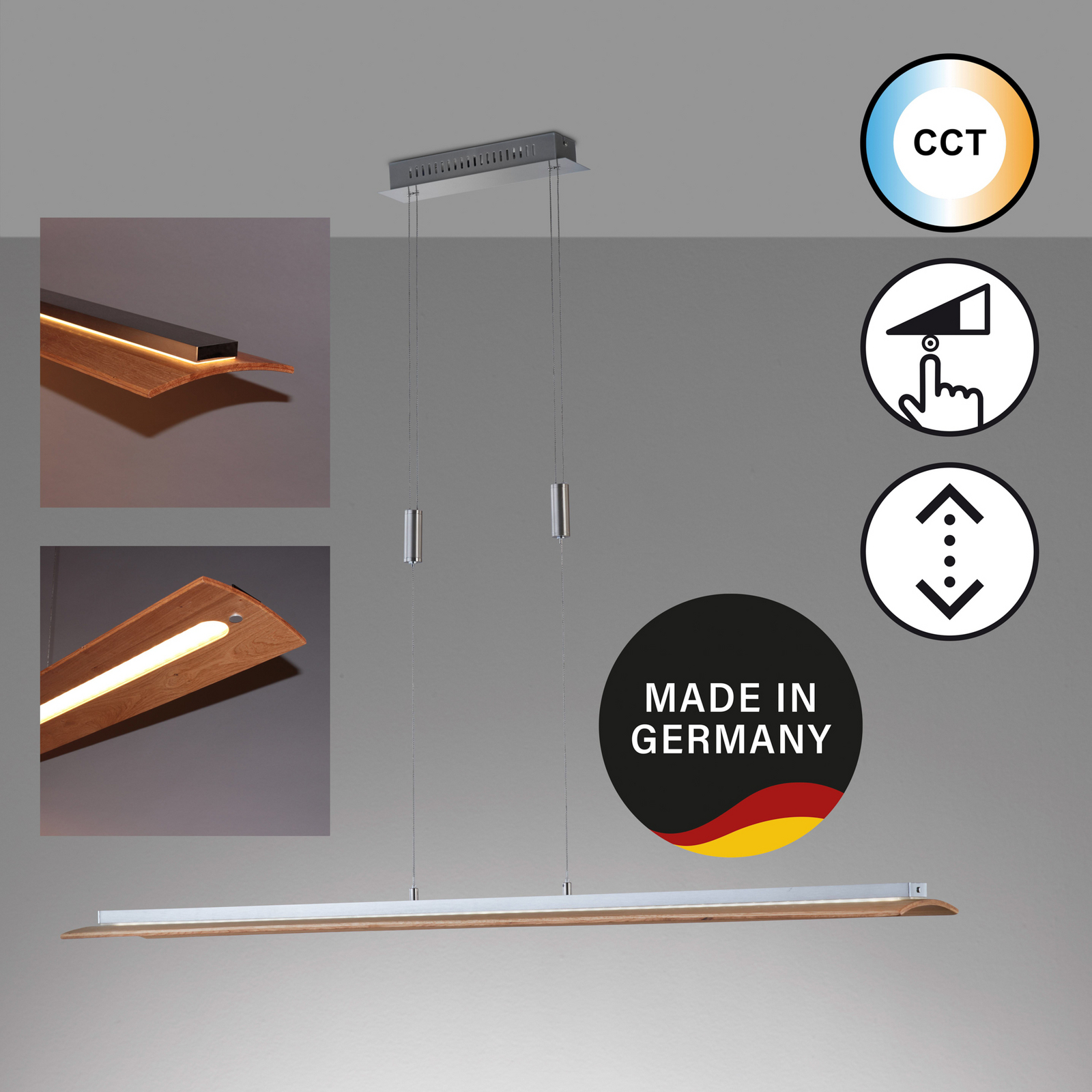 LED-hængelampe Shine-Wood, egetræ/nikkel, 125 cm, CCT