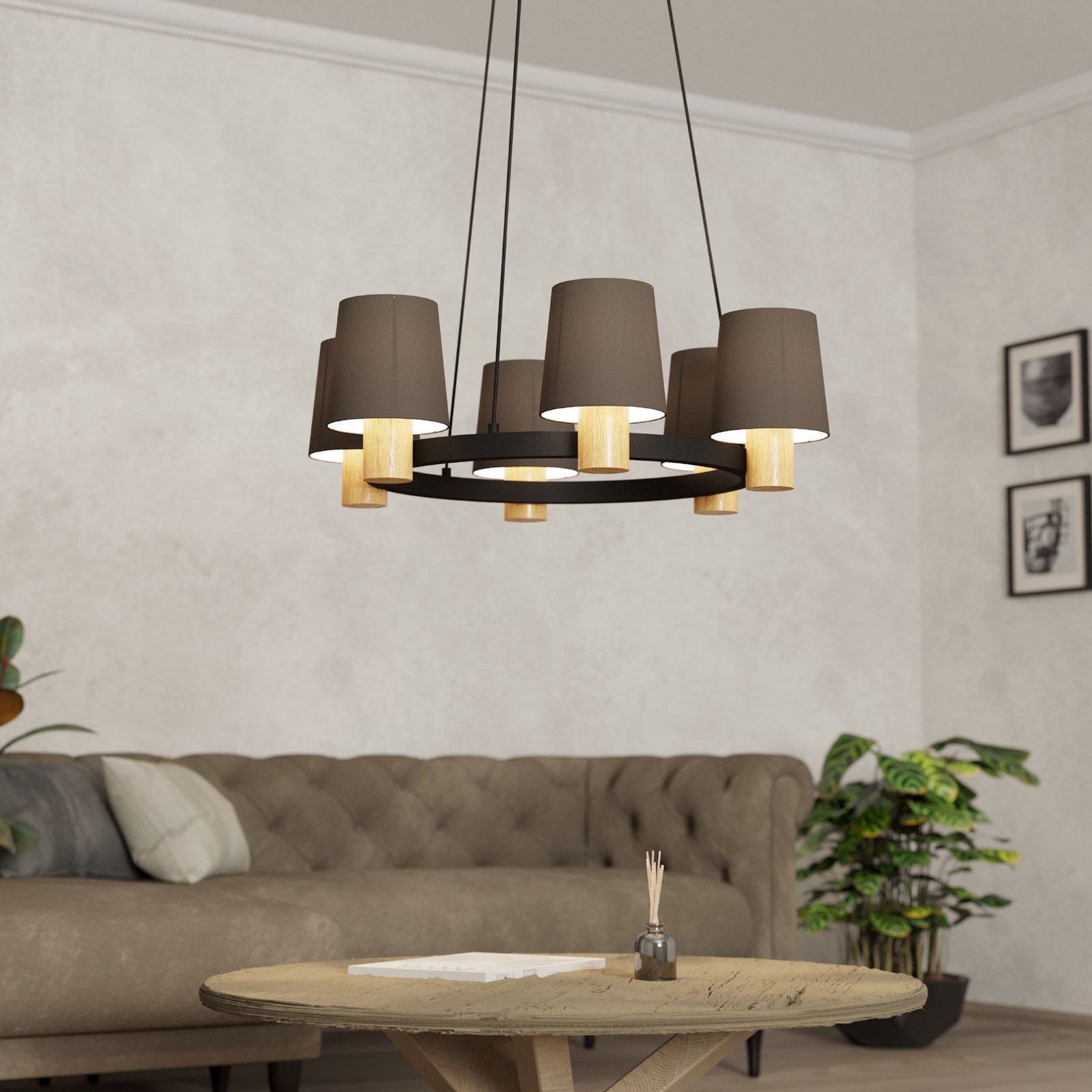 Edale chandelier, 6 lampshades cappuccino, round