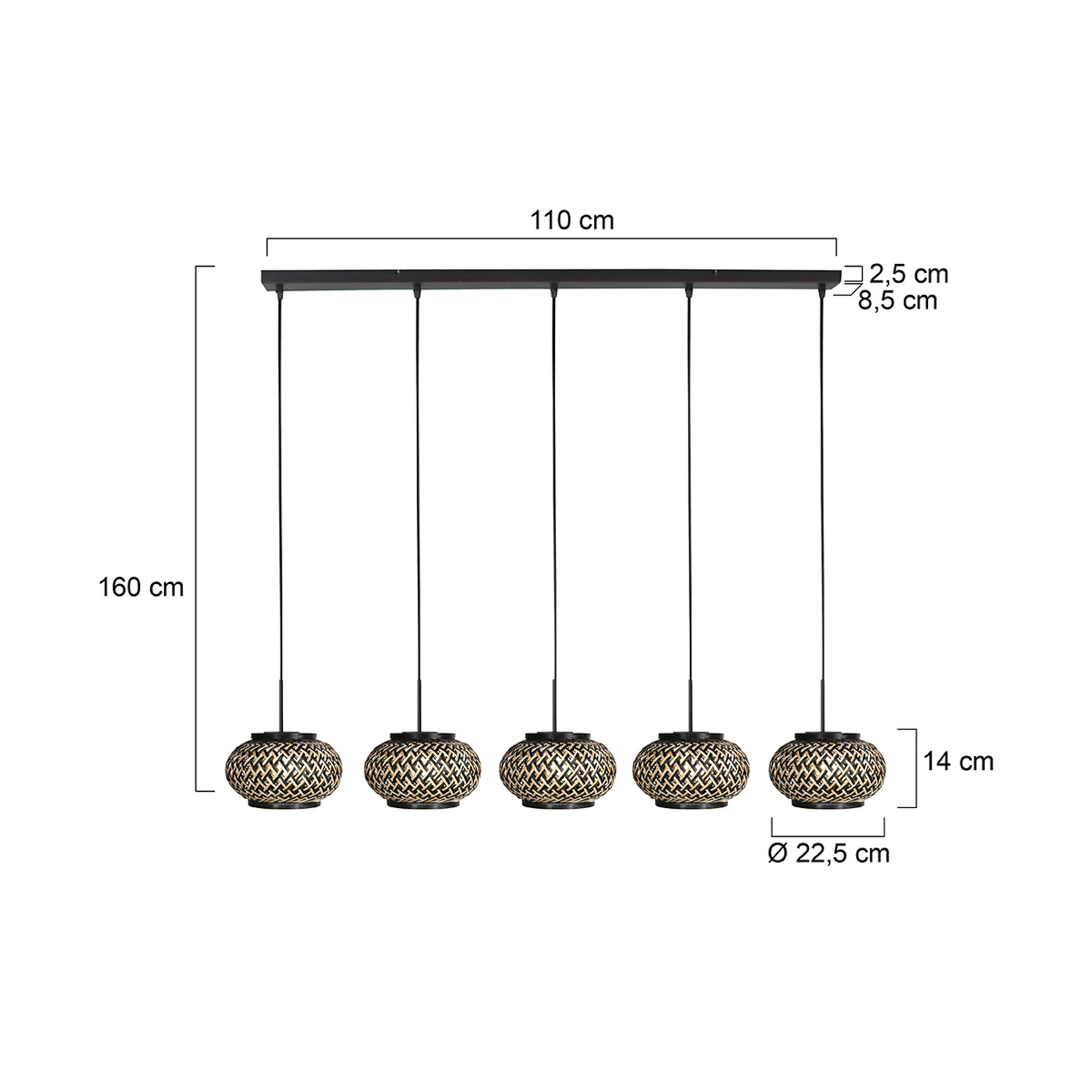 Suspension NoxLight, à 5 lampes, longue, noire, tressage de bambou