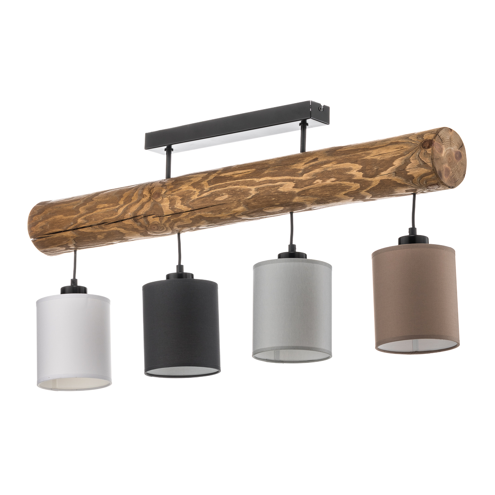 Plafondlamp Sachiko, houten balk, 4 stoffen kappen