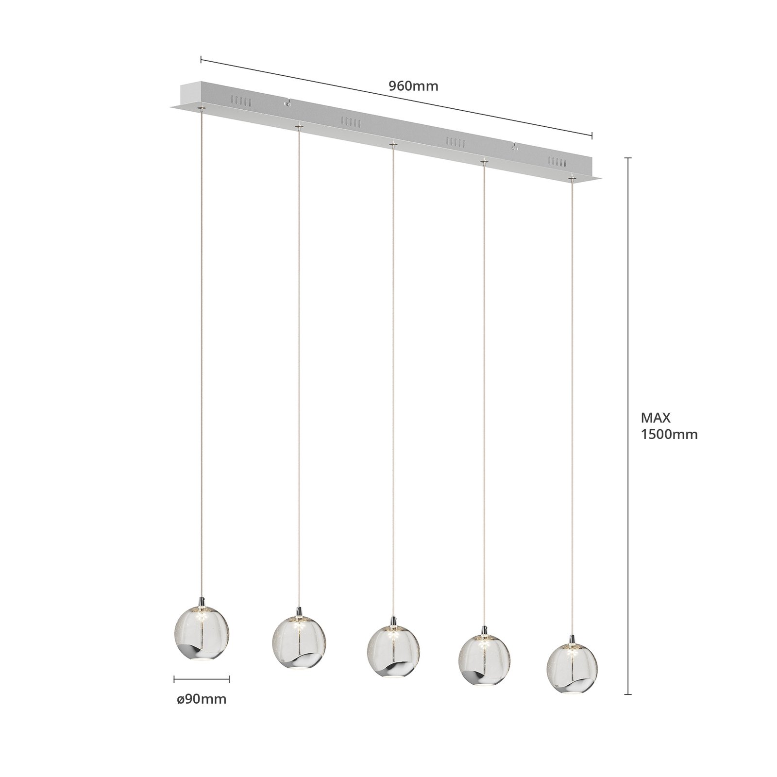 LED hanglamp Hayley, 5-lamps, langwerpig, chroom