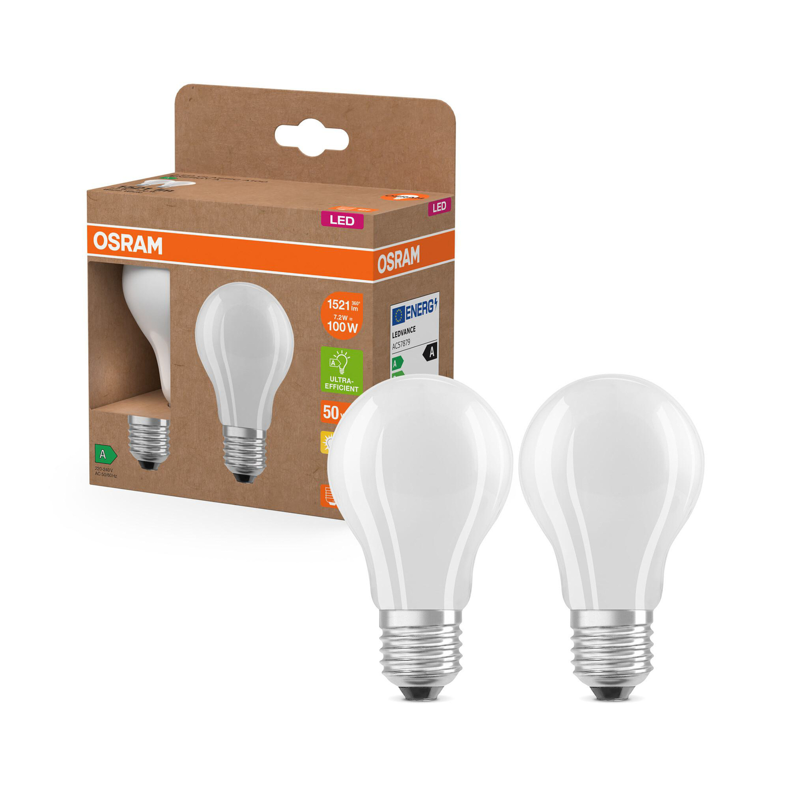 OSRAM LED lemputė E27 7,2W matinė 2700K 1521lm 2vnt