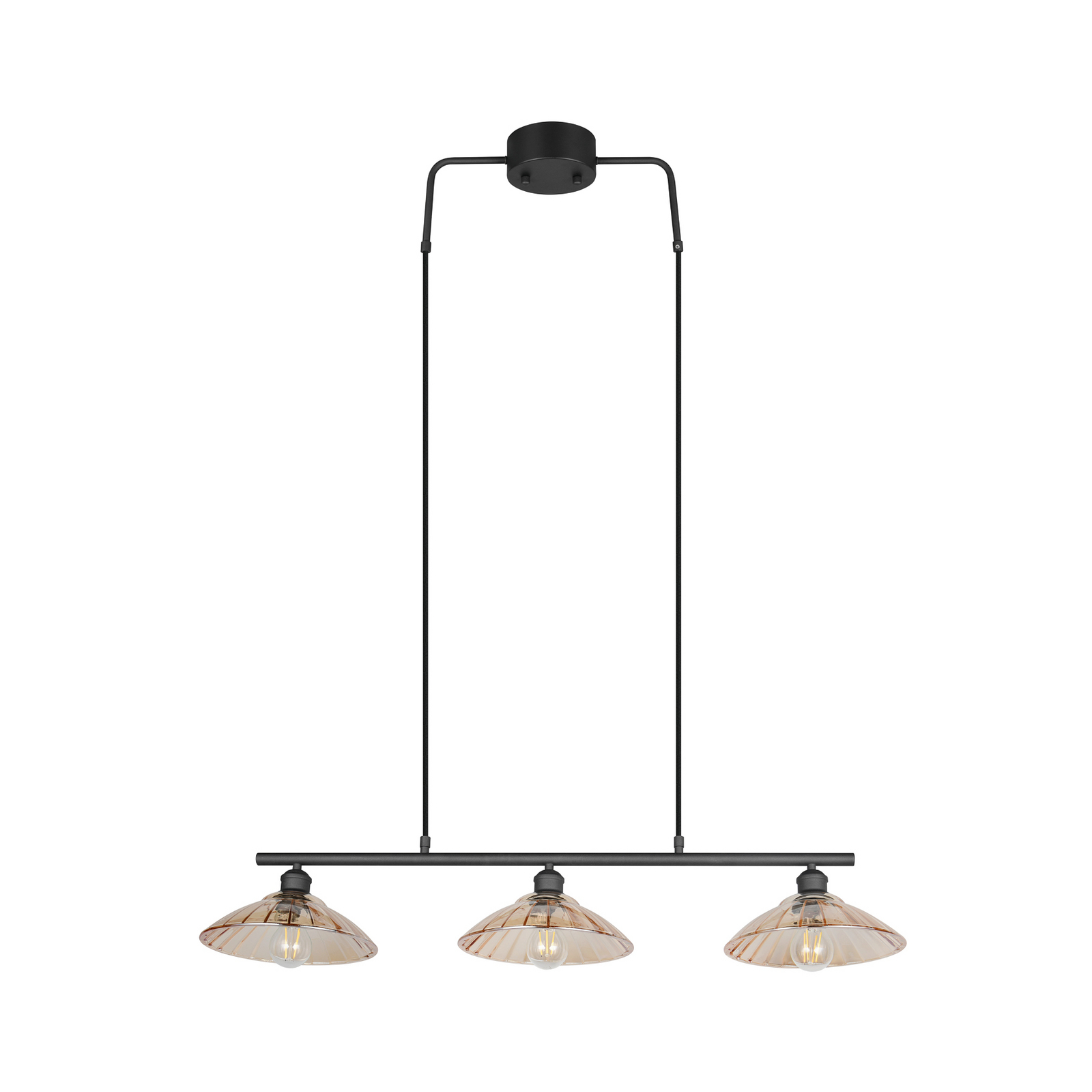 Висяща лампа Eluna, кехлибар/черно, 100 см, стъкло/метал, 3-крилна.