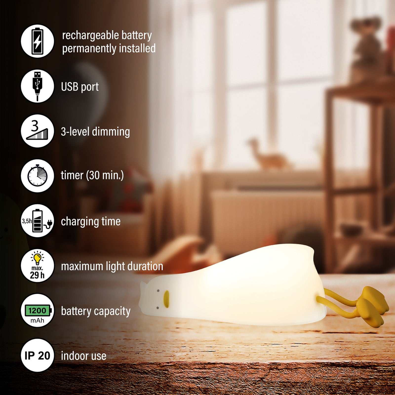 Lampe de chevet LED à accu Ducky, canard, blanc, minuterie, intensité