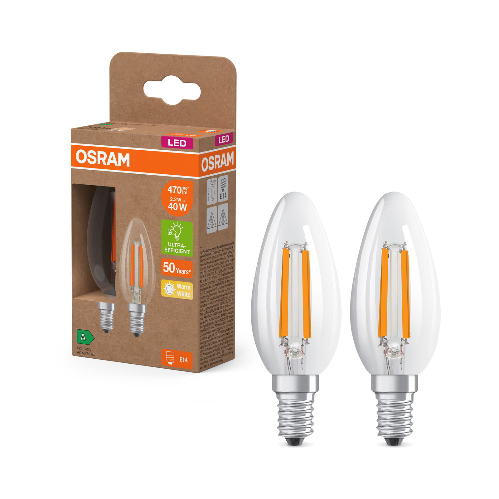 OSRAM żarówka świecowa LED E14 2,2W 2700K 470lm 2-pak