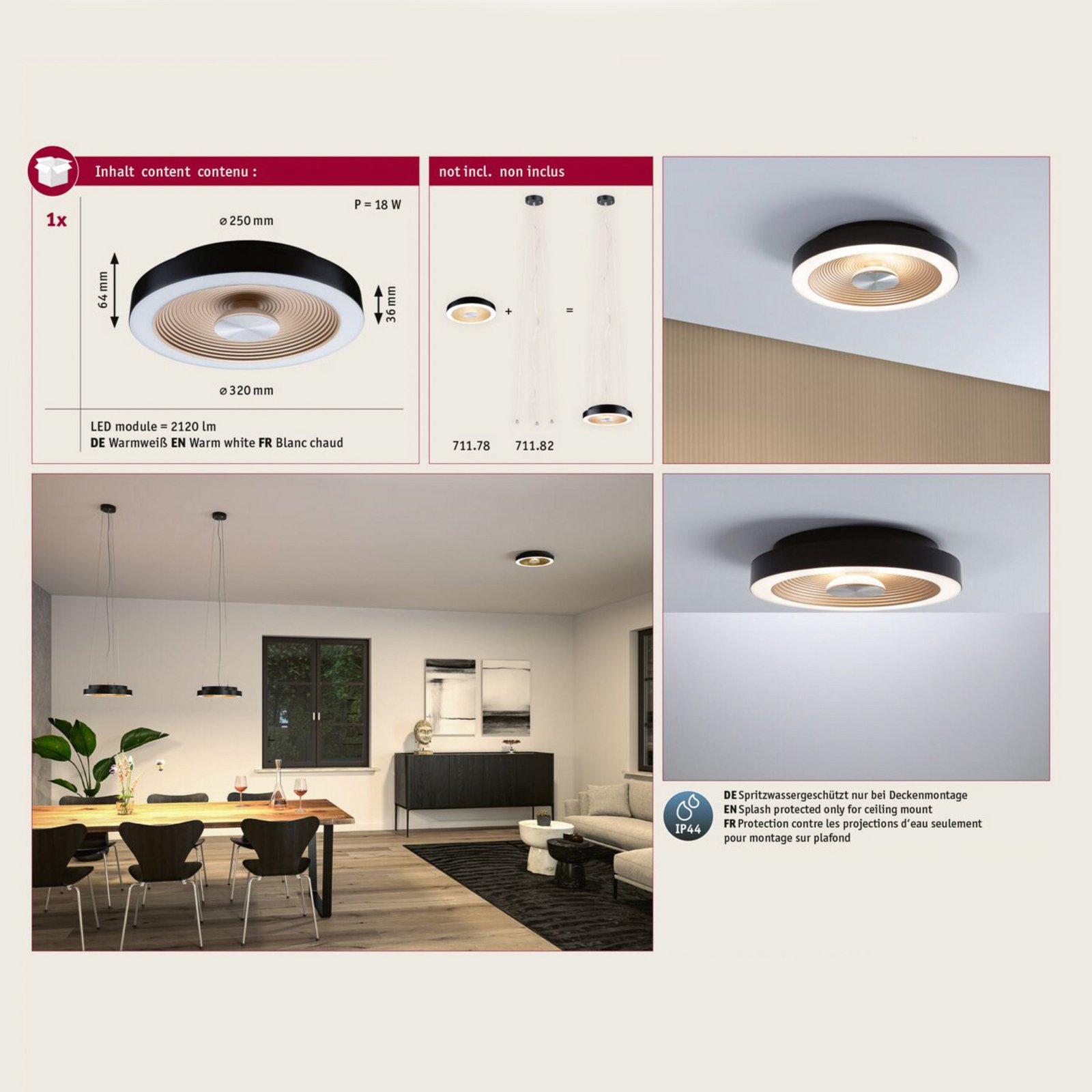 Volea LED Plafonnier Ø32 IP44 Dim. Noir/Or - Paulmann