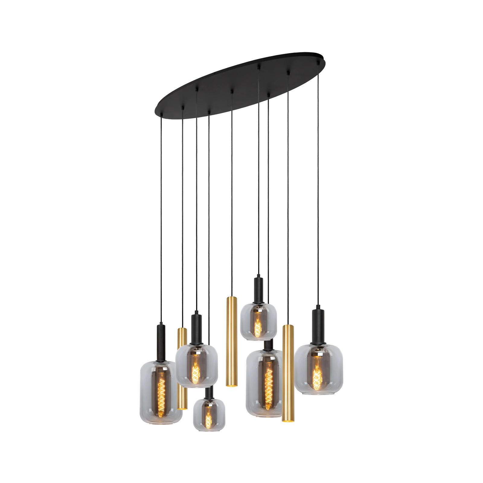 Lámpara colgante Joanet, longitud 130 cm, humo/latón, cristal, 9 luces.