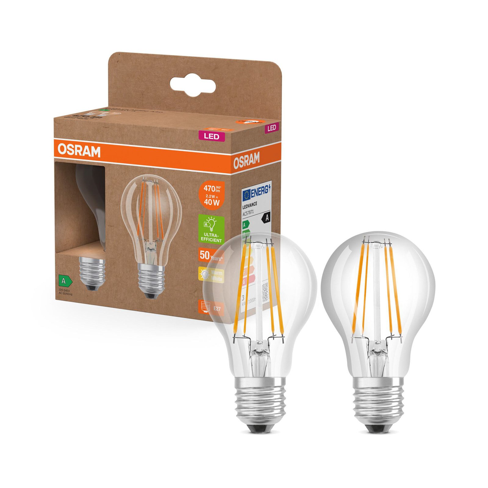 OSRAM LED traditional light bulb E27 2.2W Filament 2,700K 470lm 2-pack