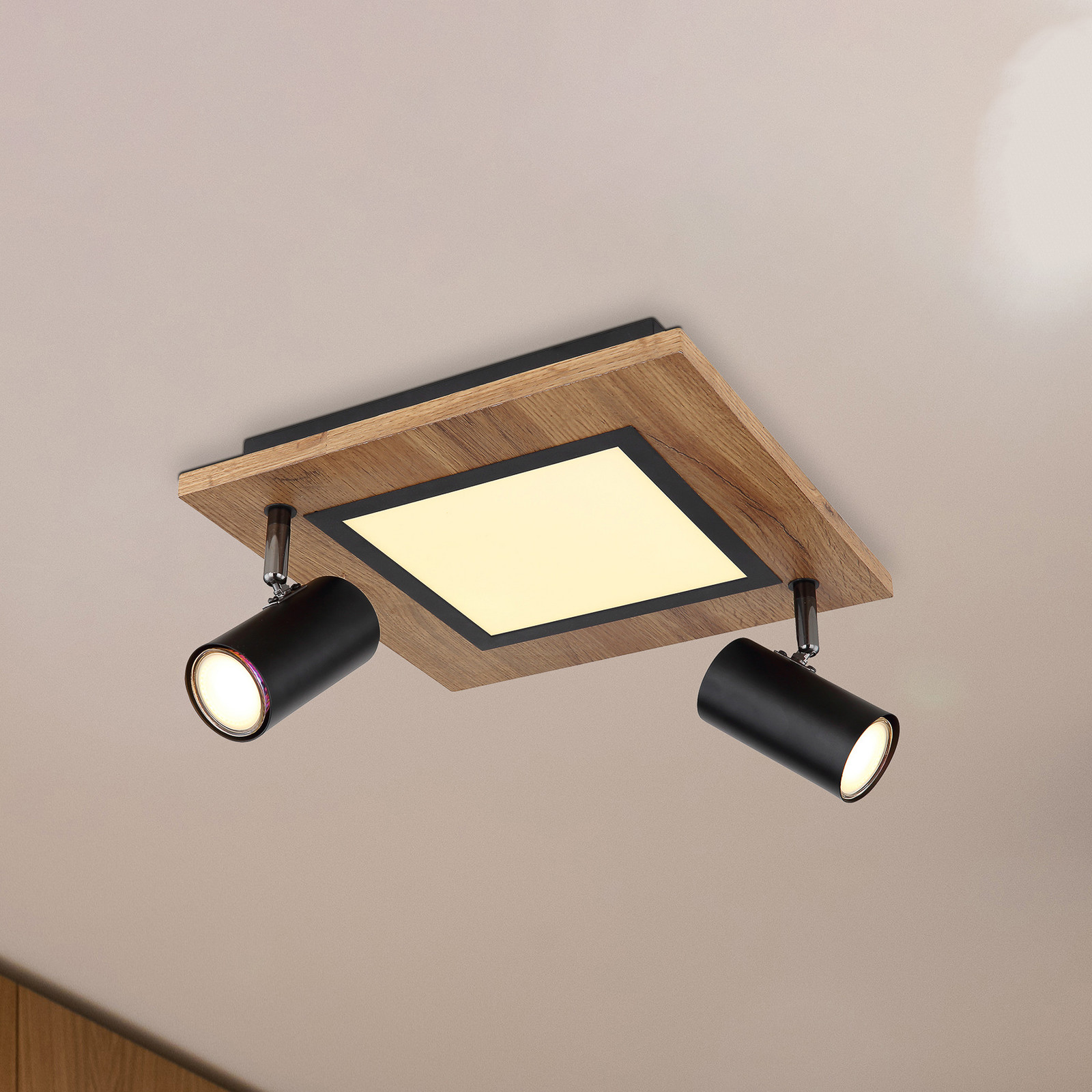 Globo Plafonieră Ulla cu LED-uri 2 lumini 30x30cm - Camera de zi / sufragerie - negru mat lemn deschis satinat - Metal