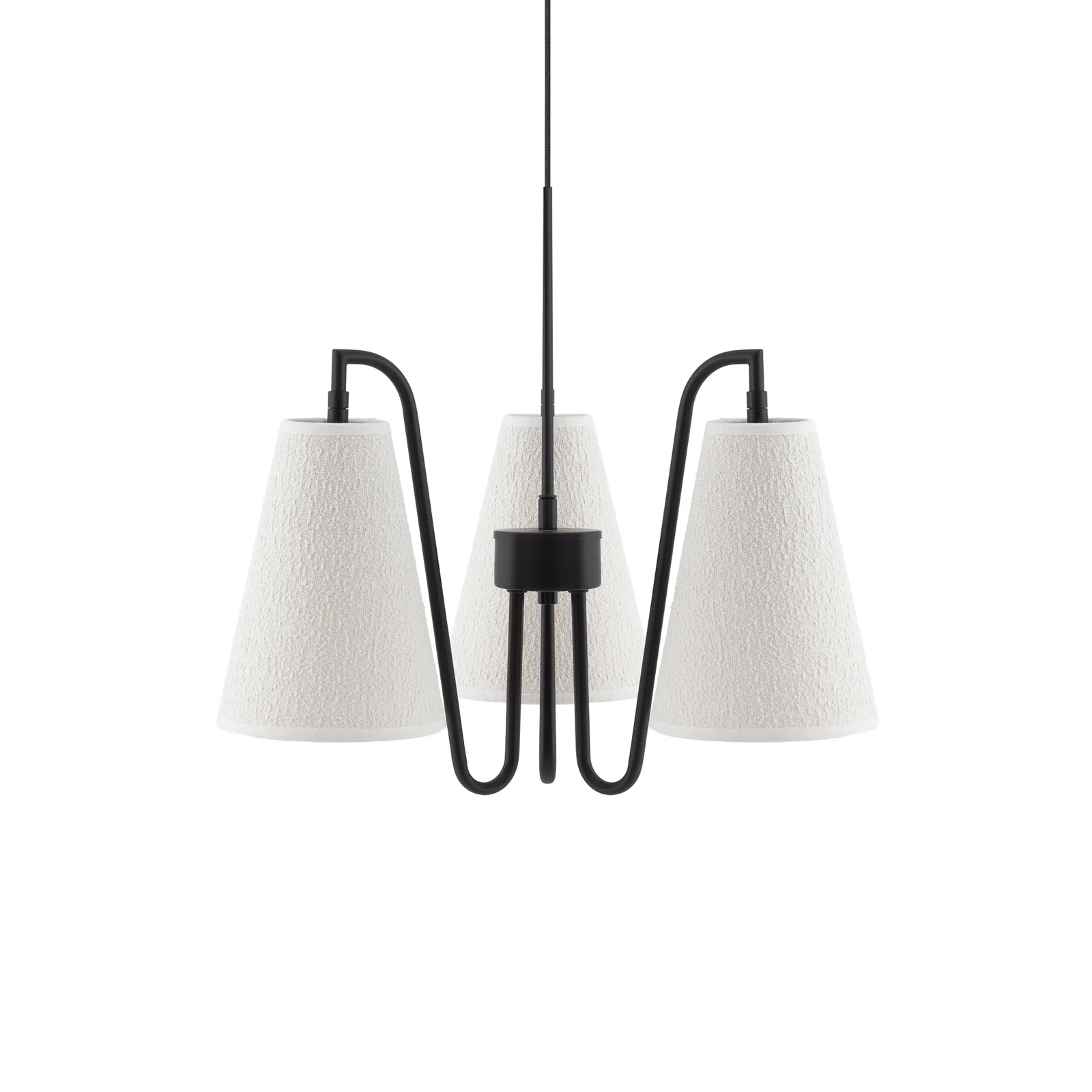 Lámpara colgante Lou 3 de Globen Lighting, en blanco bouclé y tela negra