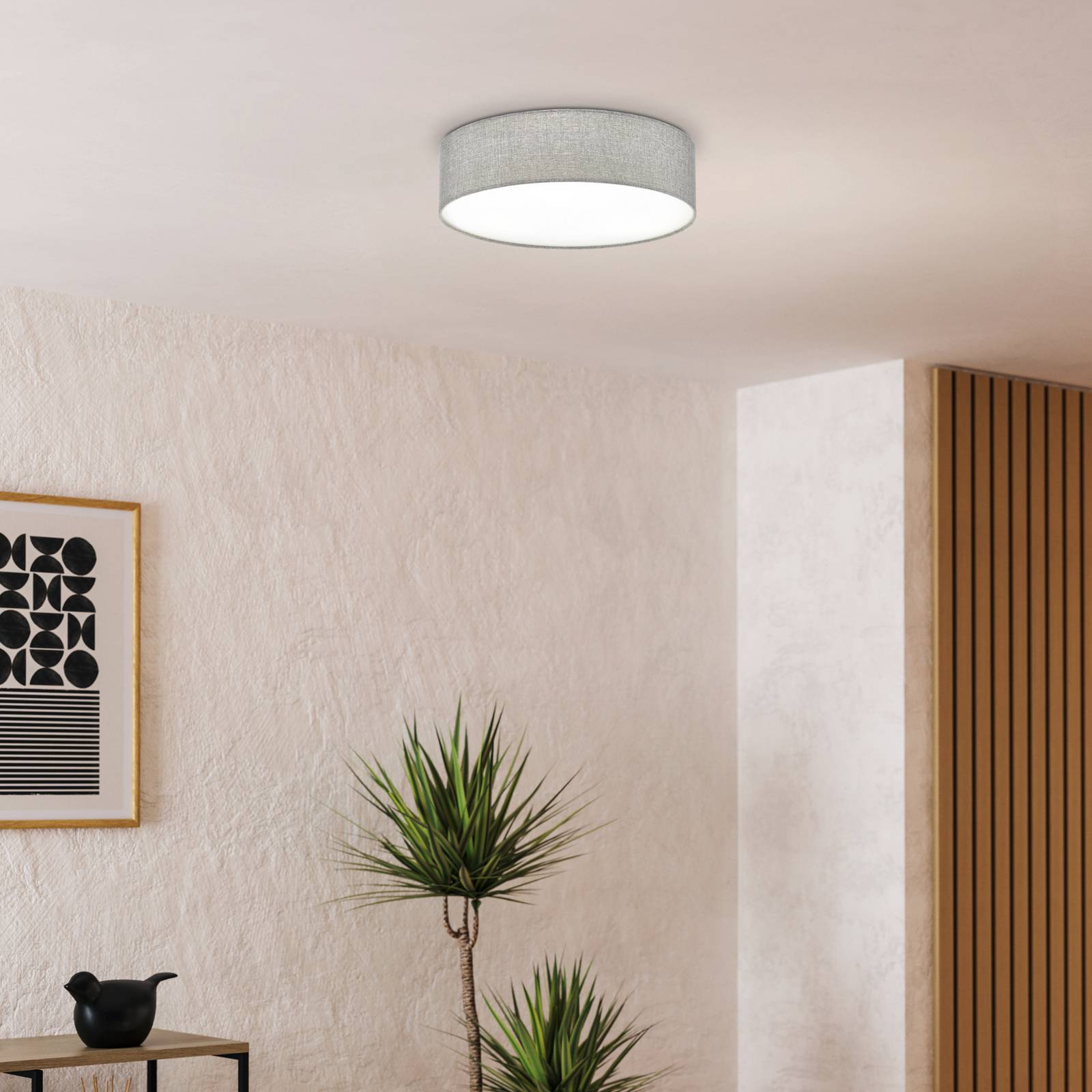 Graue Deckenlampe Pasteri mit Leinenschirm 57 cm günstig online kaufen