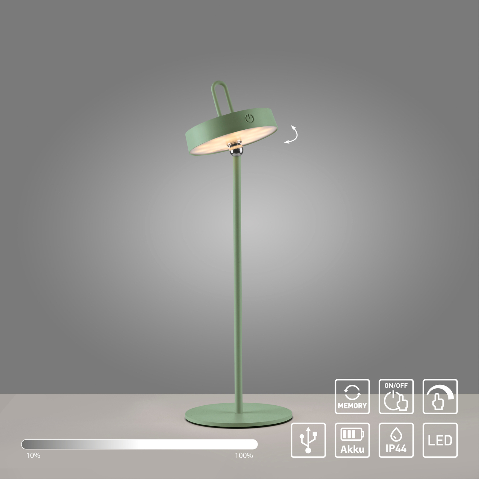 JUST LIGHT. Lámpara de mesa LED recargable Amag, verde, hierro, IP44