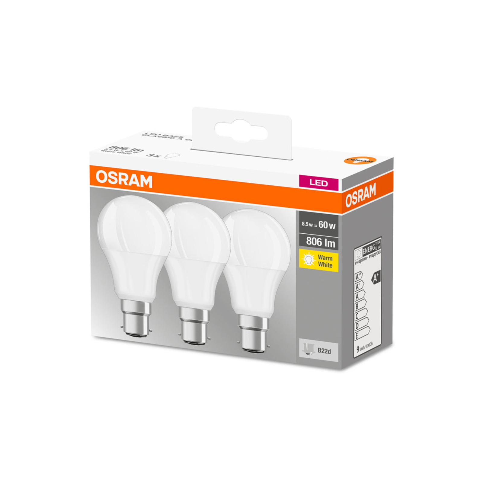 OSRAM Classic LED bulb B22d 8.5W 2,700K 806lmr 3x