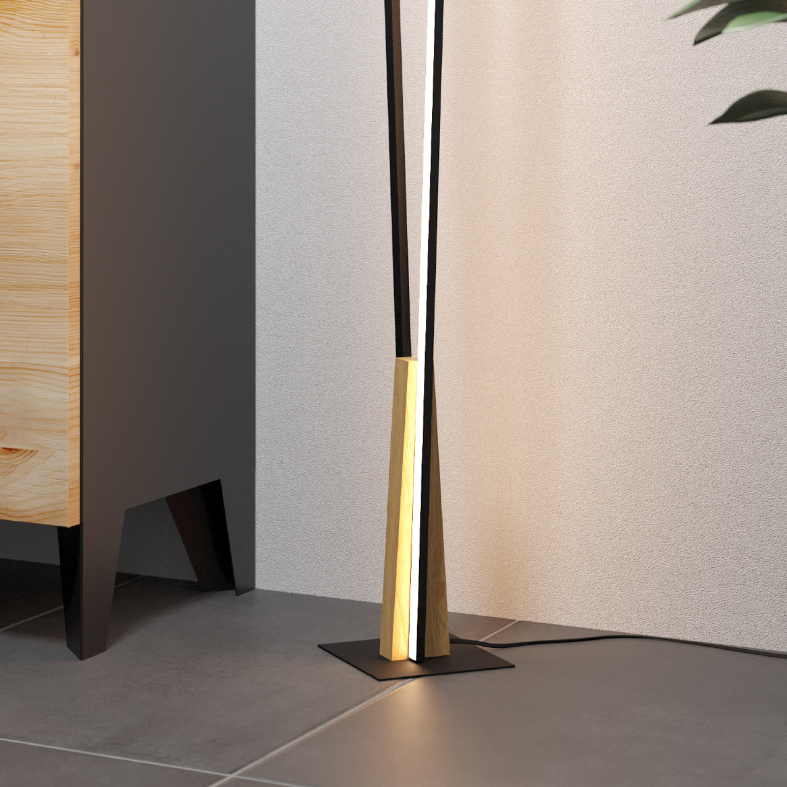 Lampe sur pied LED Panagria, noir avec détail en bois