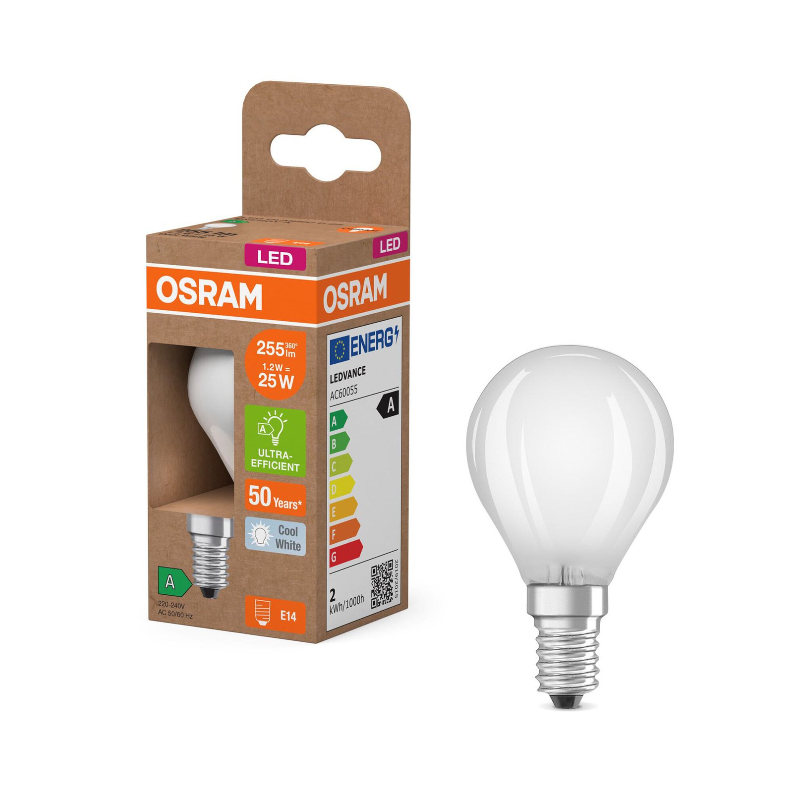 OSRAM LED bec picătură E14 1.2W mat 4000K 255lm