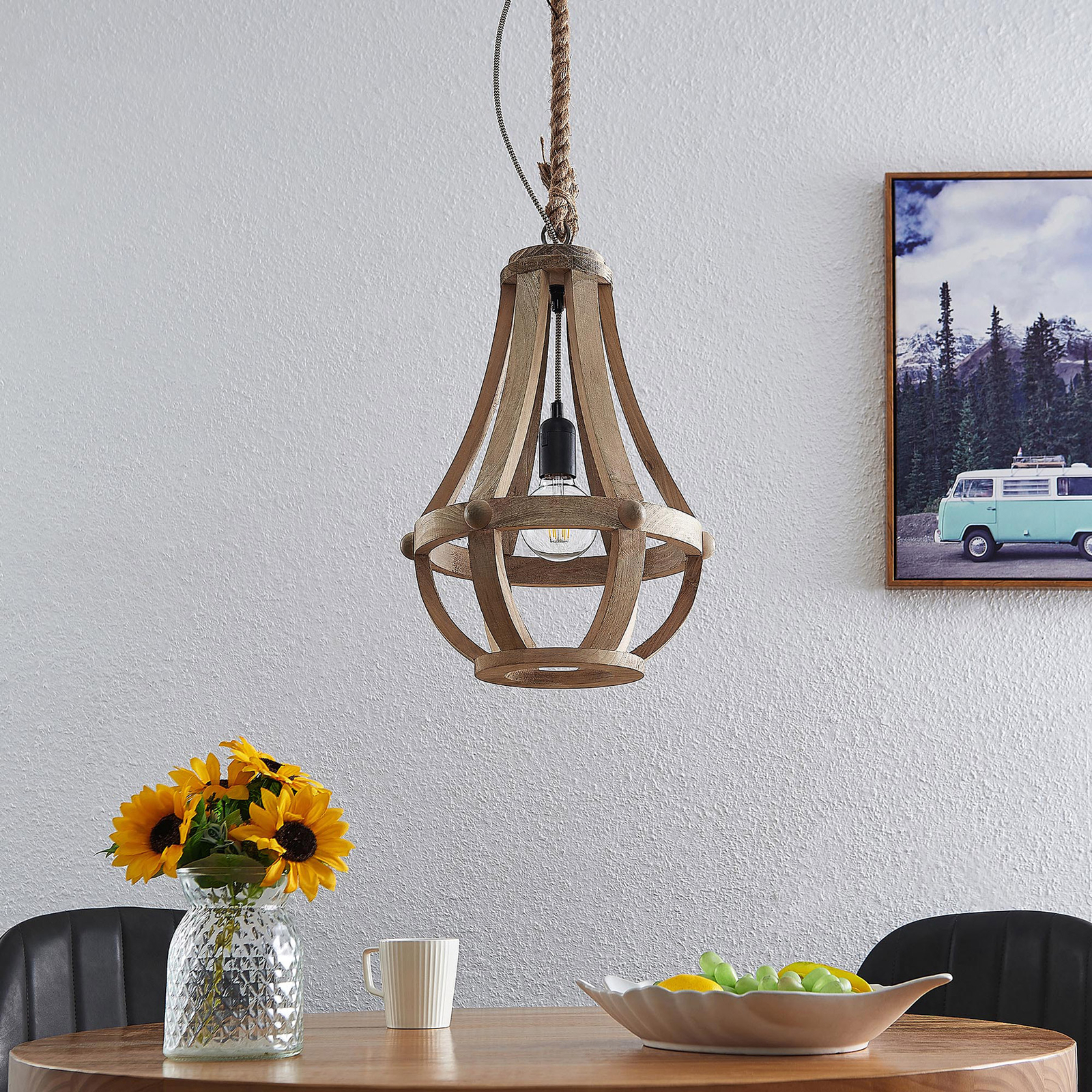 Lindby Tojaka wooden hanging light, 32 cm