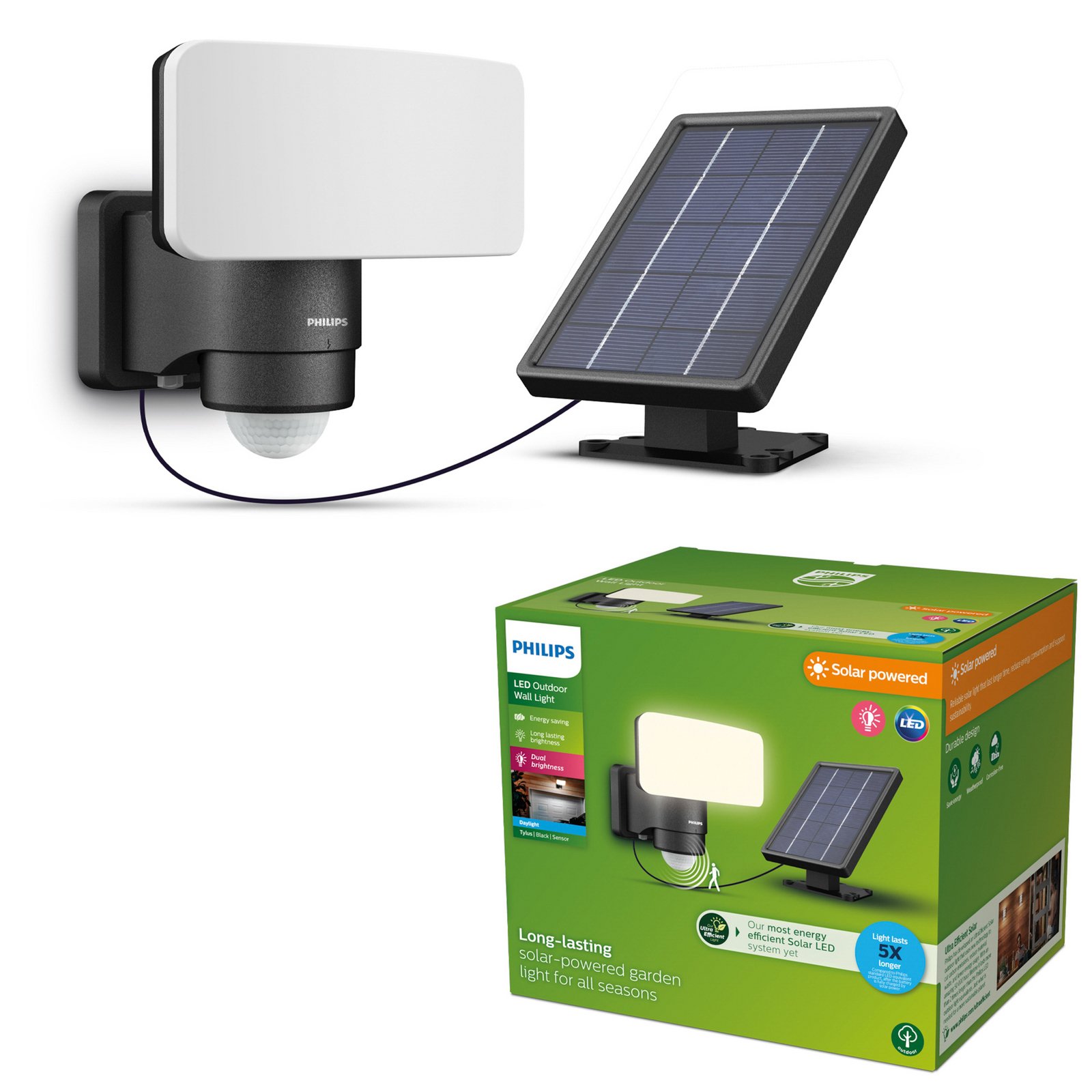 Philips LED-Solar-Außenstrahler Tylus, schwarz 5.000K Sensor