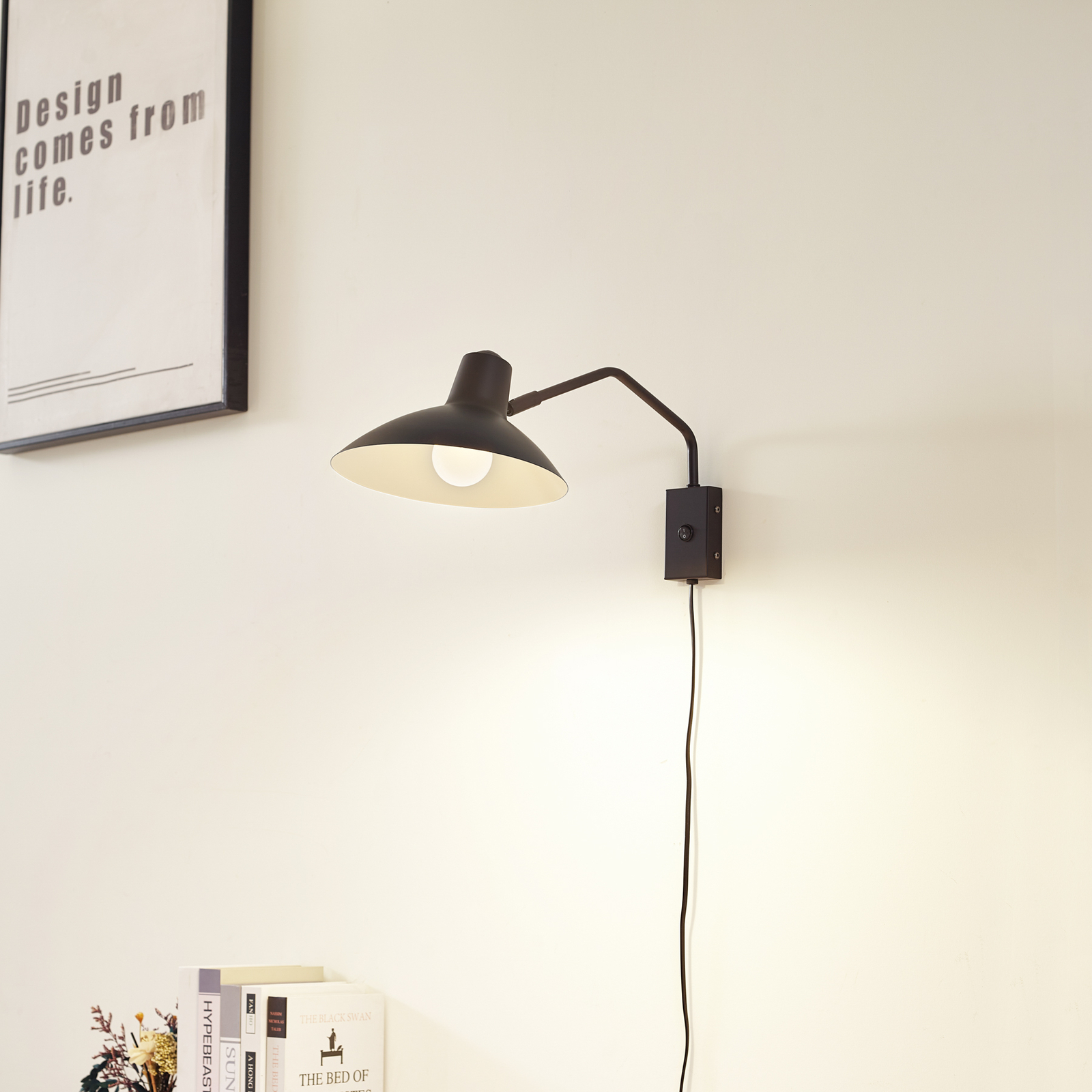 Lindby wall light Adrik, black, metal, with plug