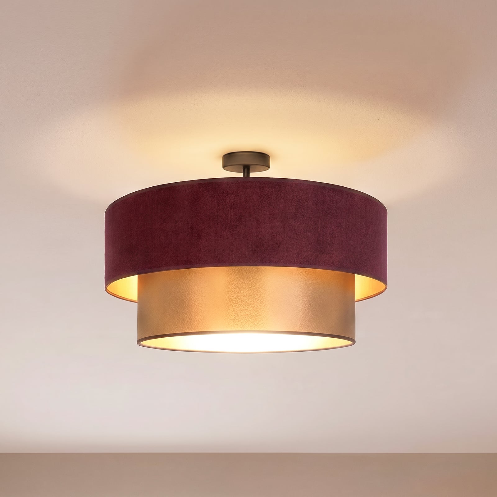 Plafondlamp Dorina, donkerrood/goud, Ø 60 cm, textiel, E27 Plafondlamp Dorina, donkerrood/goud, Ø 60 cm, textiel, E27