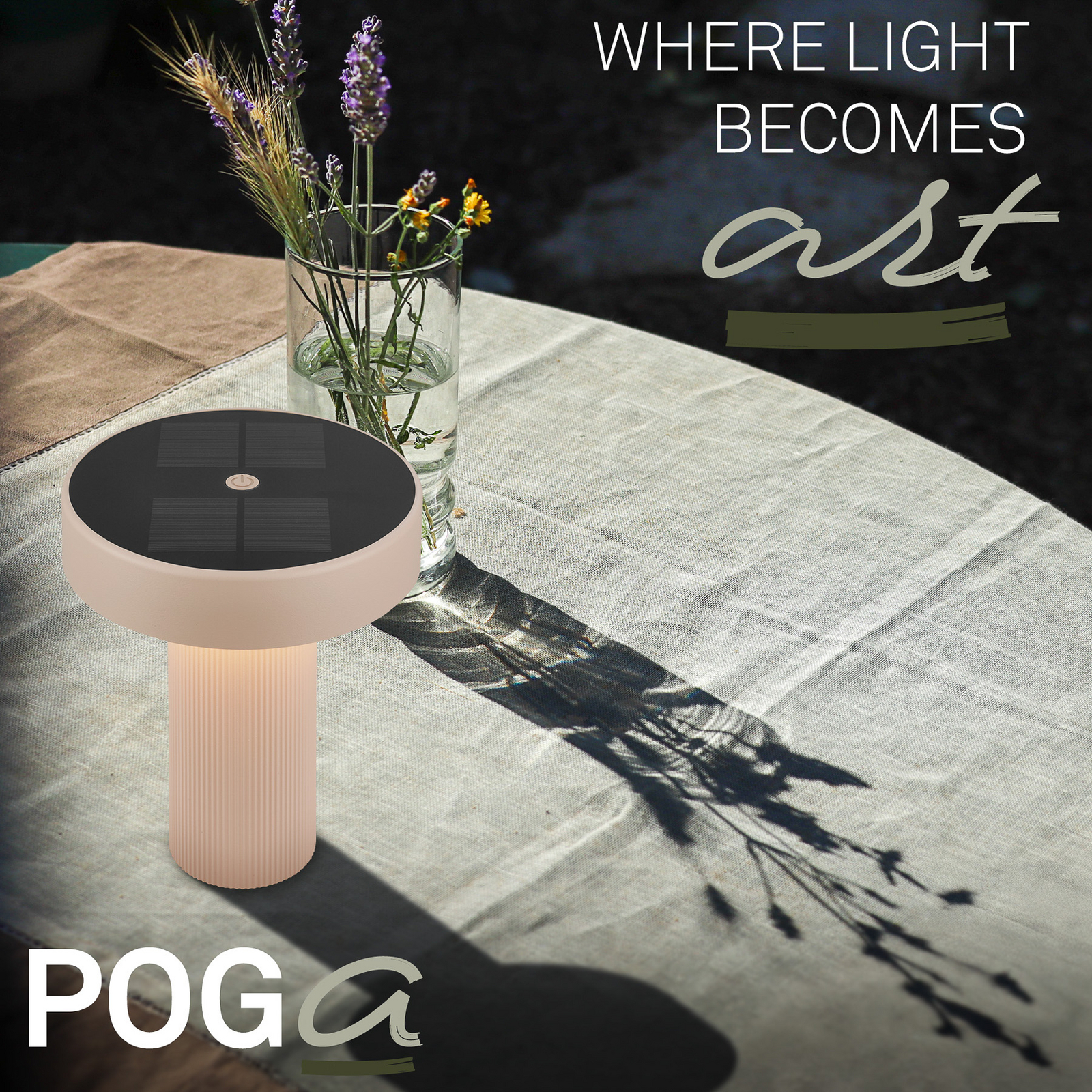 Lámpara de mesa LED solar recargable Poga, beige, plástico, IP44