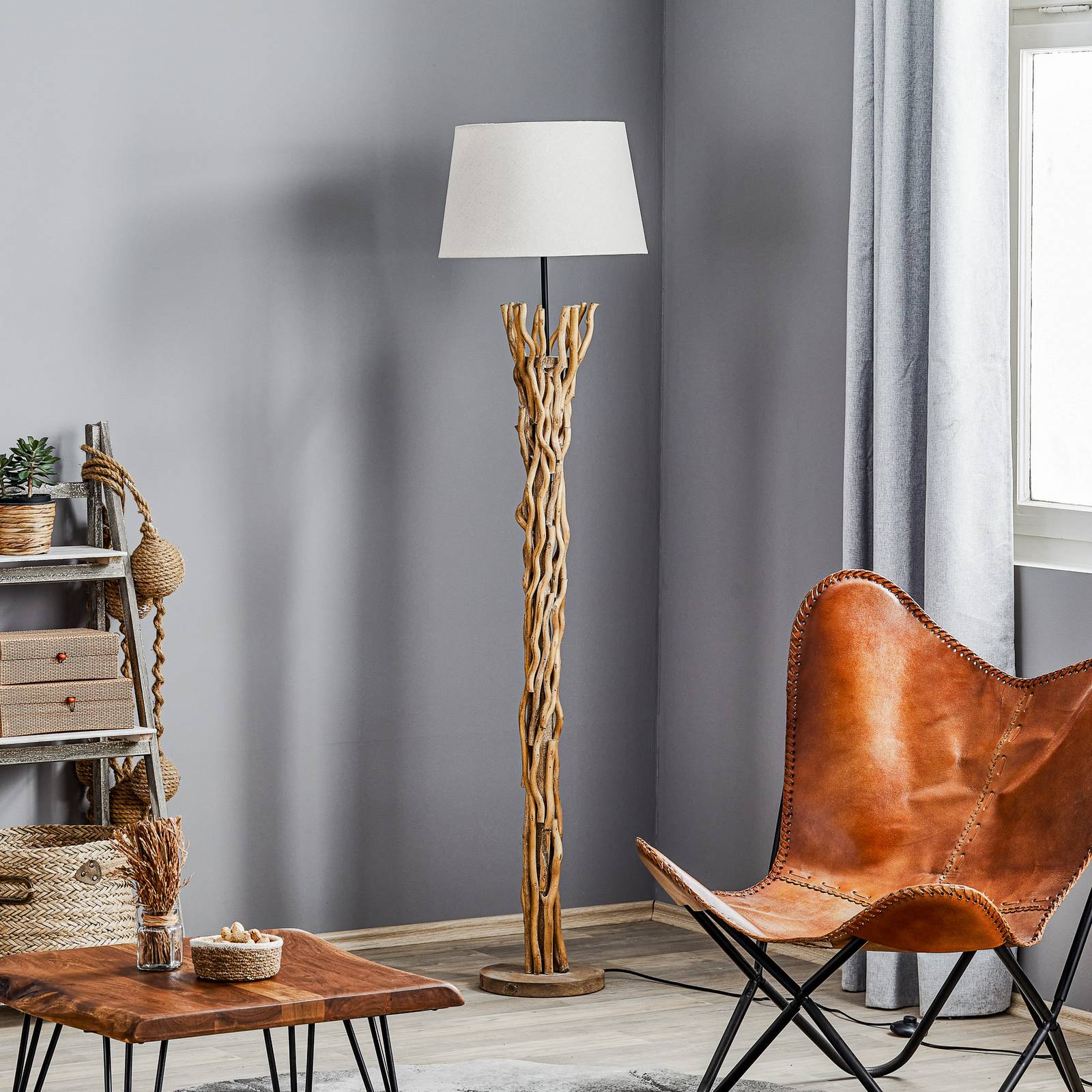 Stehleuchte Agar, Holz, Textil, cremeweiß, Höhe 167 cm günstig online kaufen