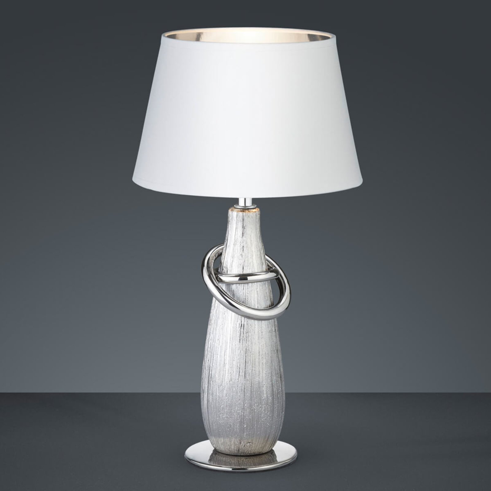 Reality Leuchten Thebes table lamp with silver ceramic base, for Living / Dining Room, ceramics, fabric, E14, 40 W, energy efficiency: A++, H: 37 cm