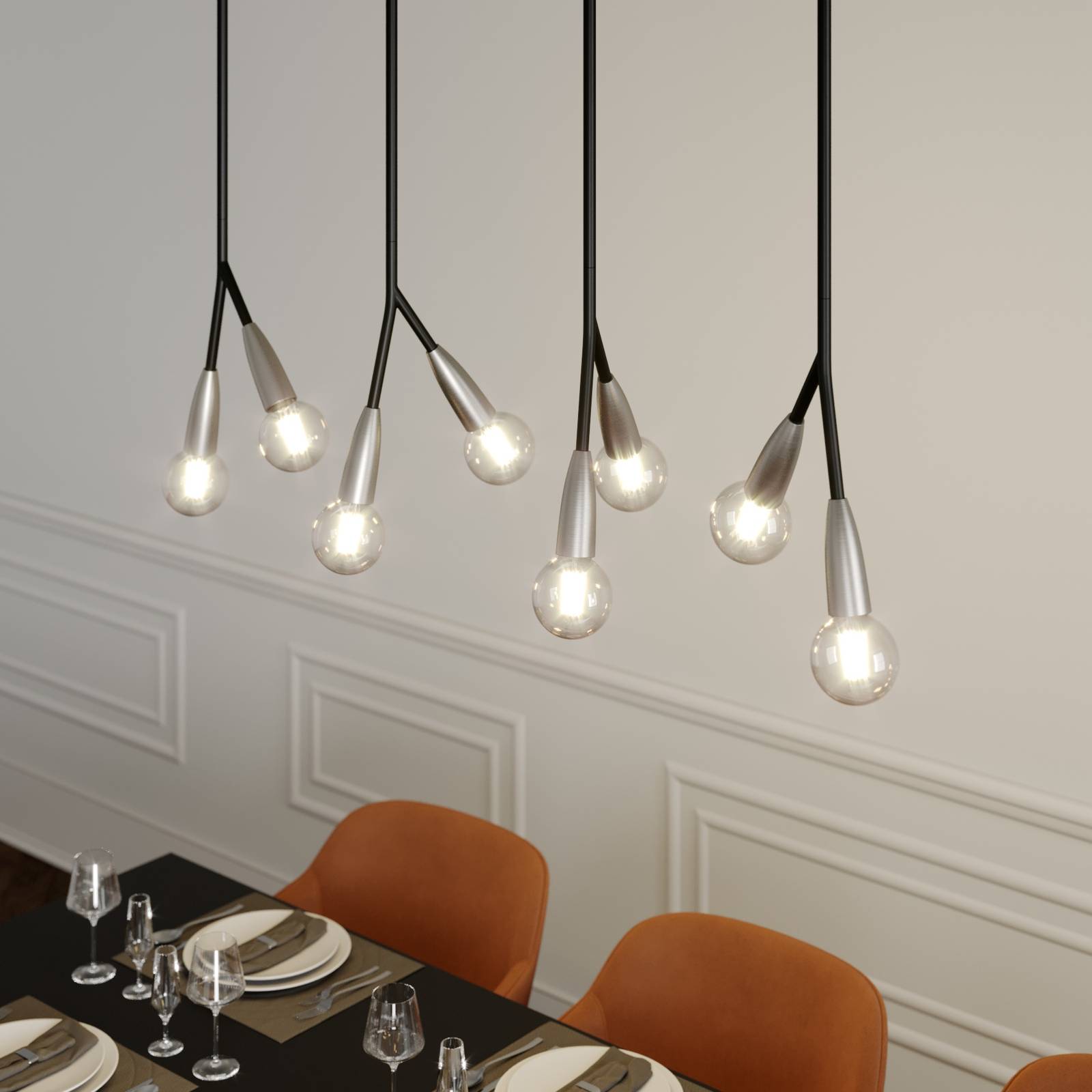Lucande Carlea hanglamp, 8-lamps, zwart-nikkel
