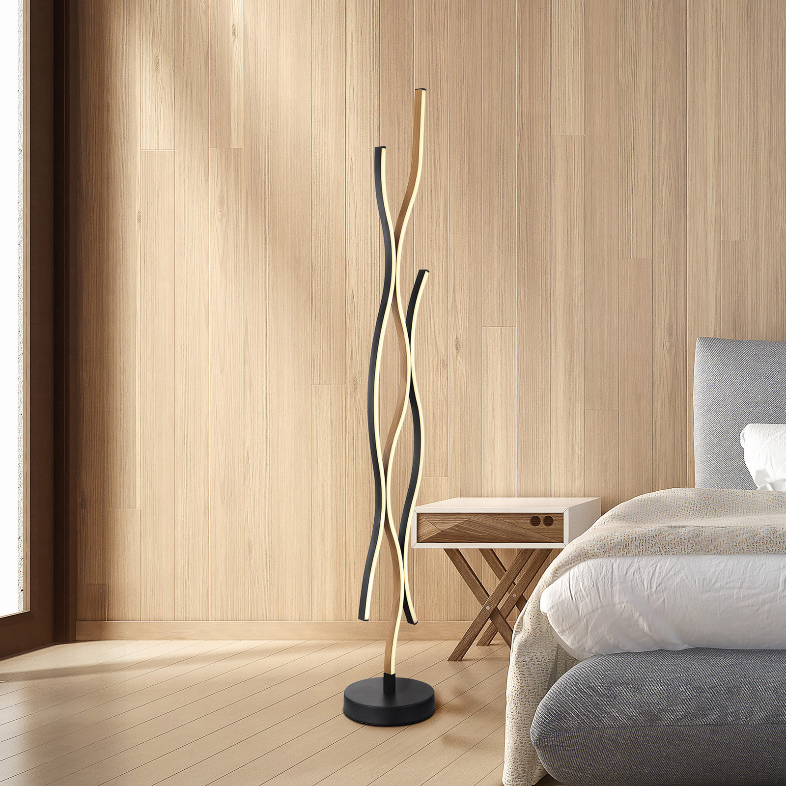 Globo Lampadar LED Geronimo înălțime 135 cm negru/aspect lemn - Camera de zi / sufragerie - Modern - negru lemn închis - Aluminiu