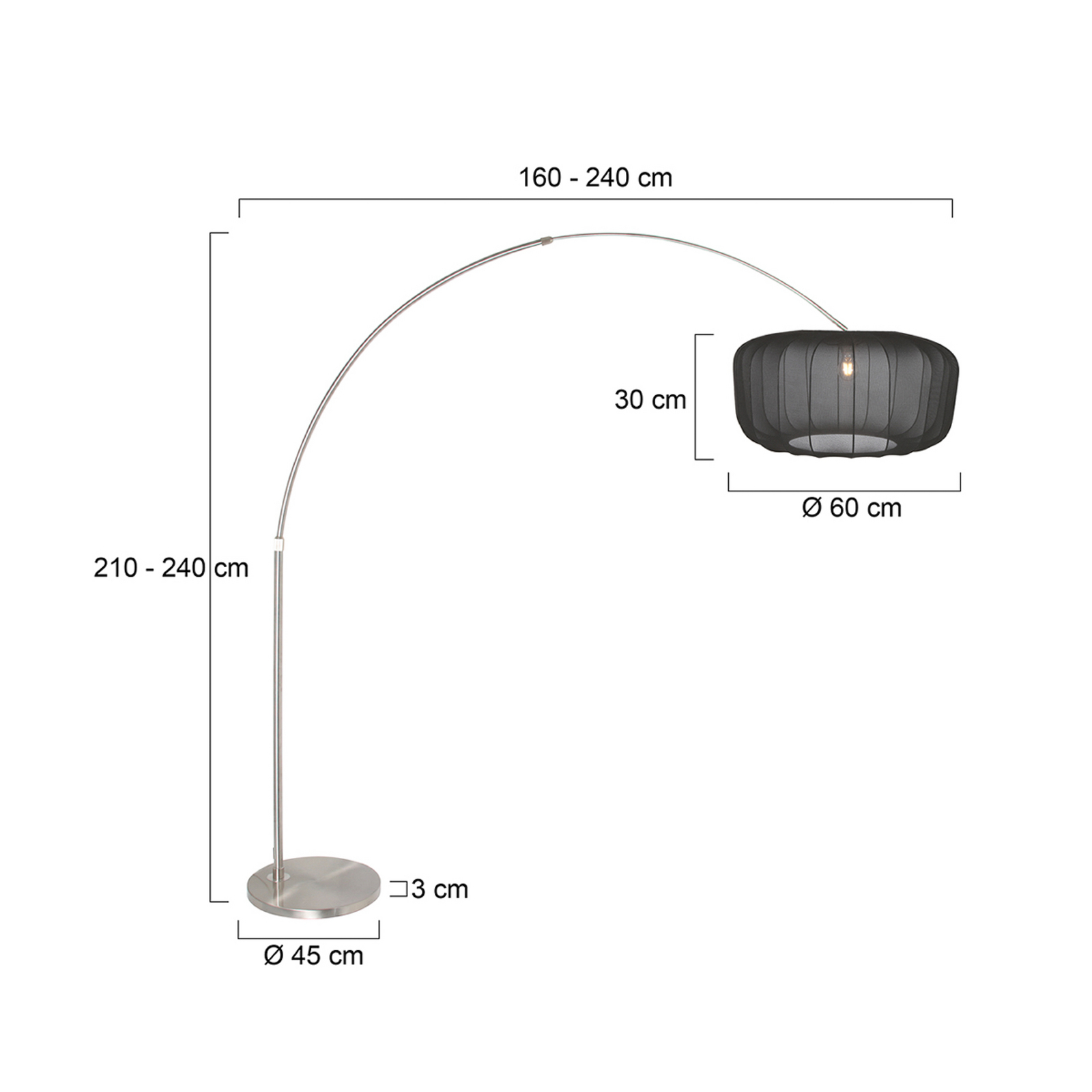 Kaareva lattiavalaisin Sparkled Light, teräs/musta nailon, 240 cm
