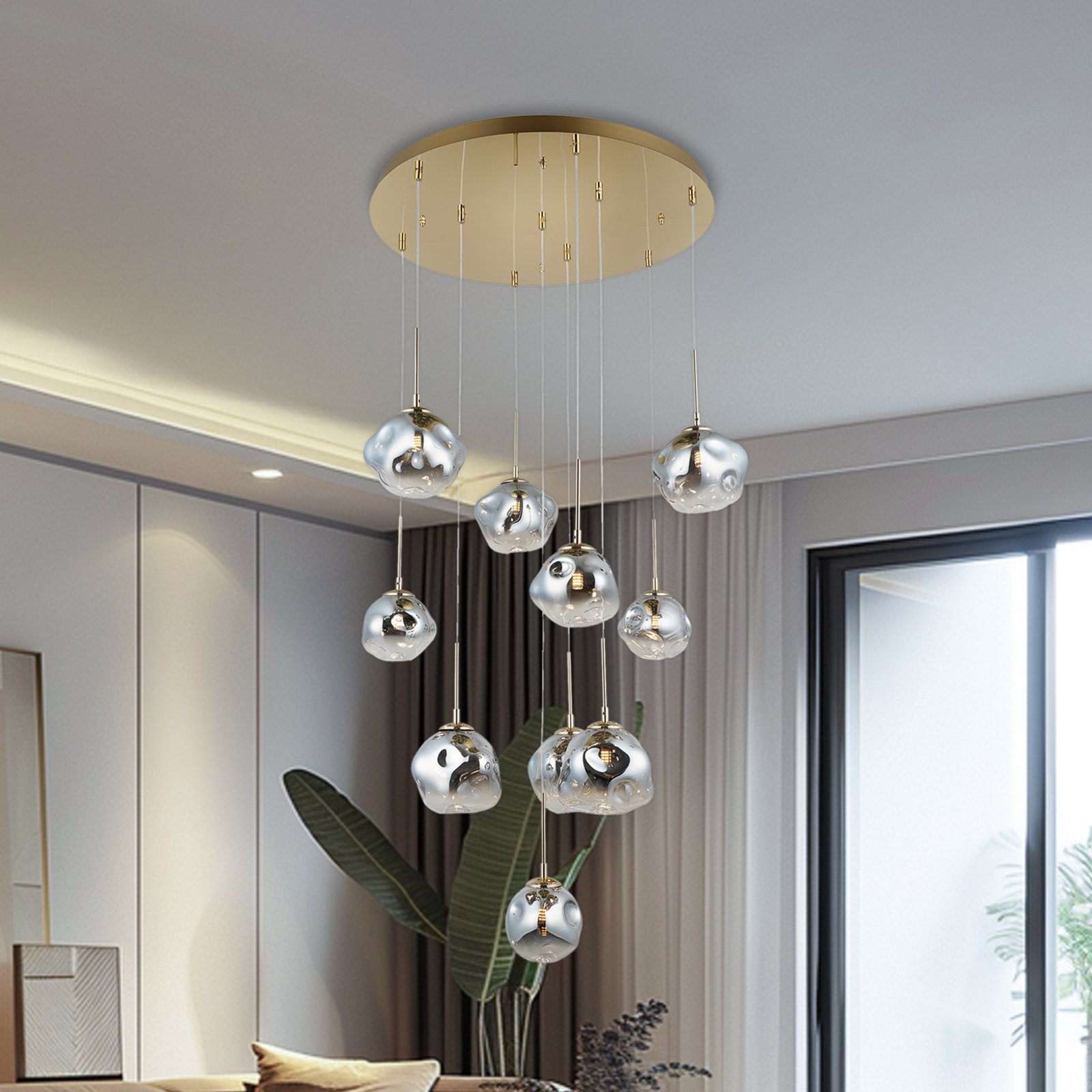 Suspension Herman, 10 lampes, doré, Ø 66 cm, verre