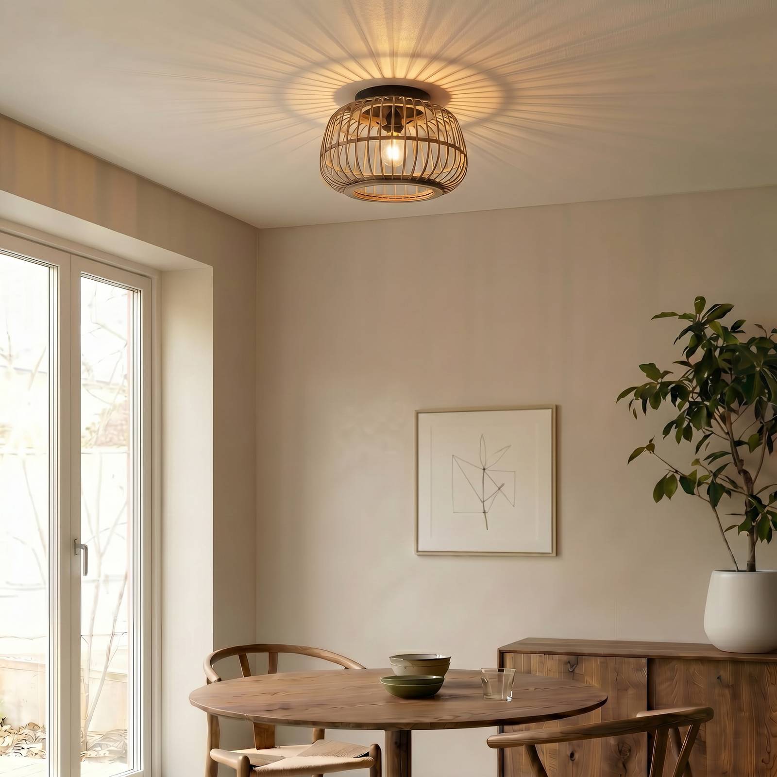Lindby plafondlamp Bominio, Ø 40 cm, rotan, hout, E27