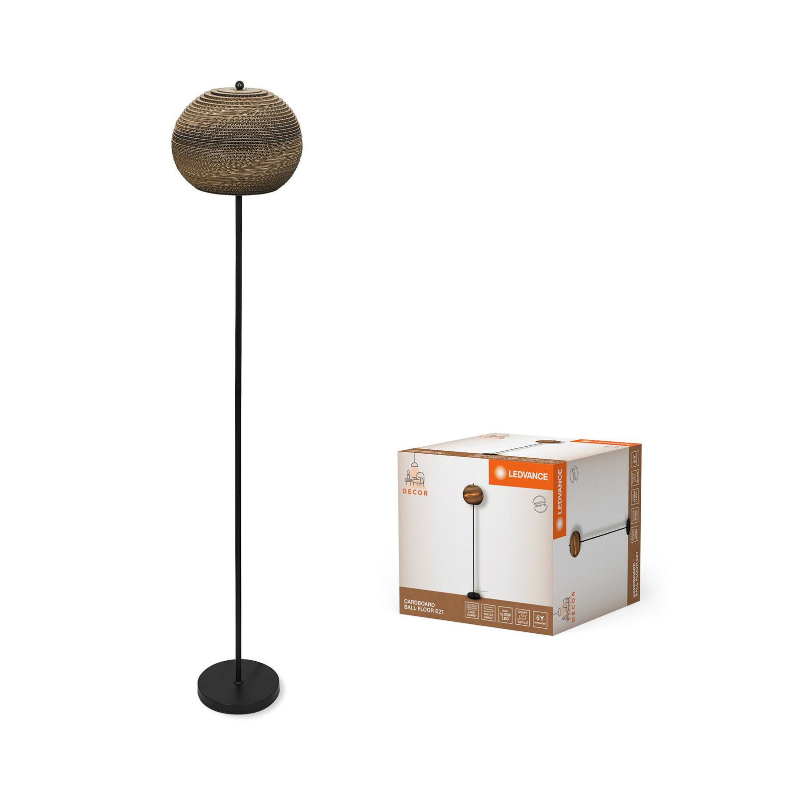 LEDVANCE lampa stojąca Ball wysokość 116 cm, brązowa, tektura falista, E27