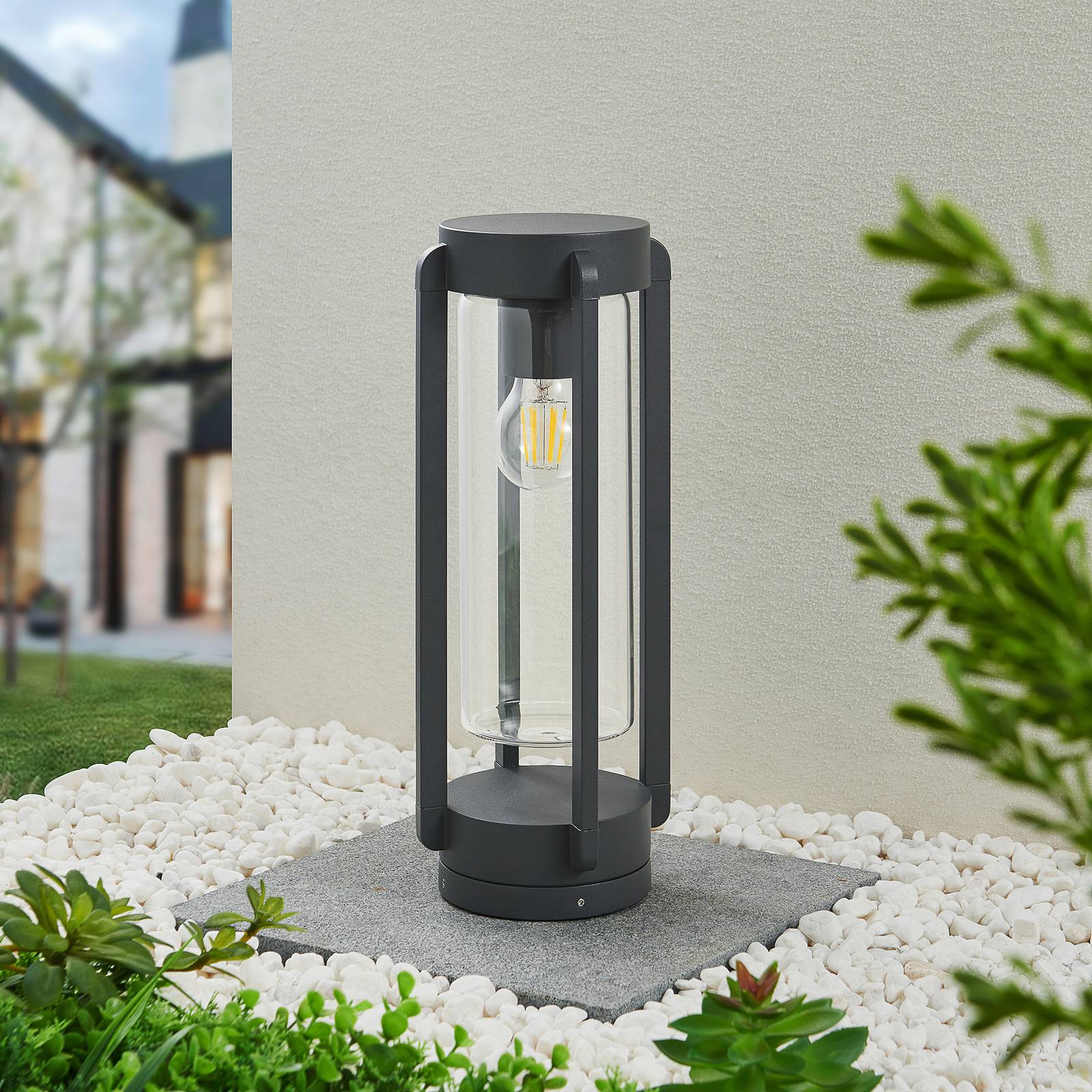 Lucande lucande Tiras sokkellamp, donkergrijs, 38 cm, drukgegoten aluminium, glas, E27, 15 W, H: cm
