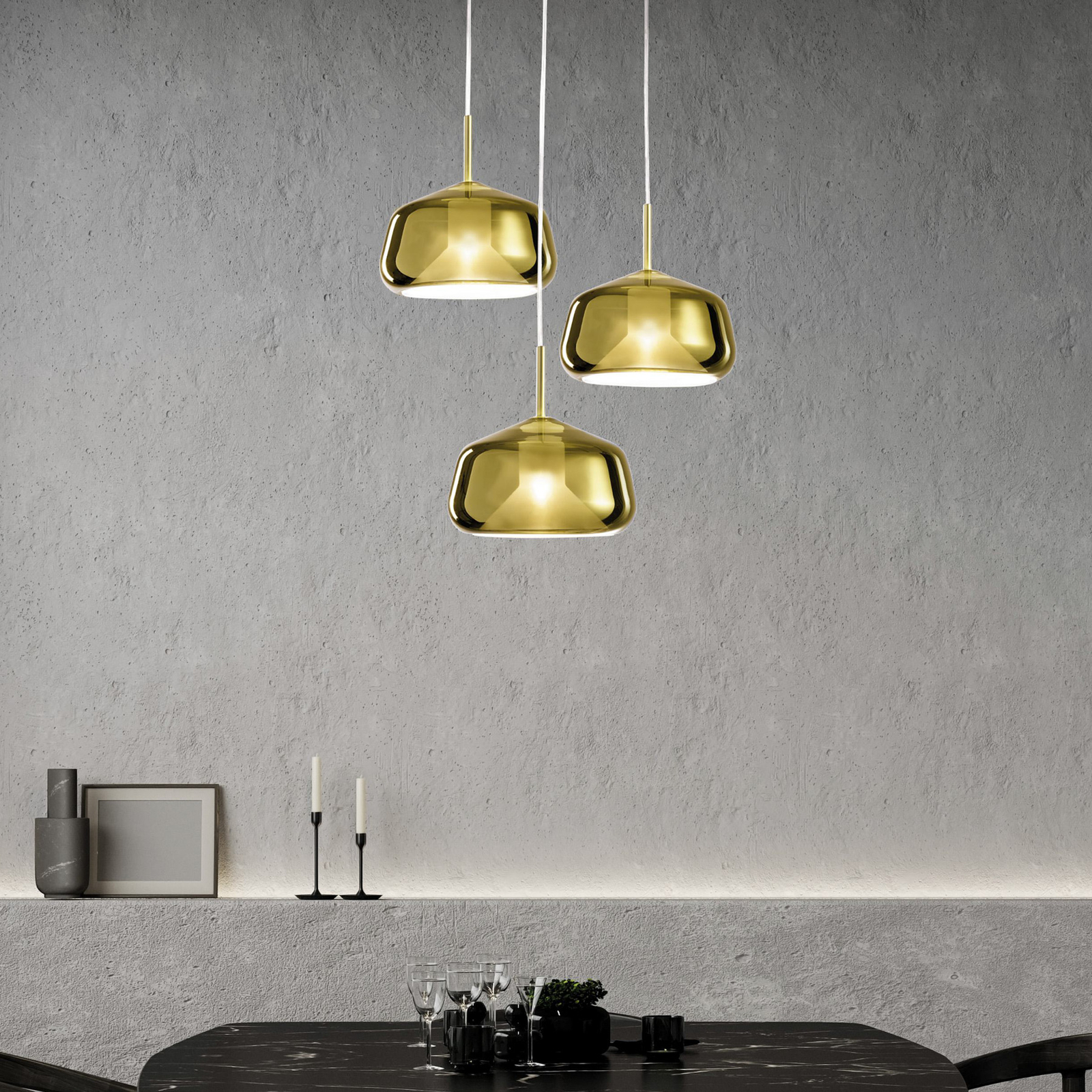 Pendant light X-Ray, gold-coloured, 3-bulb round, glass