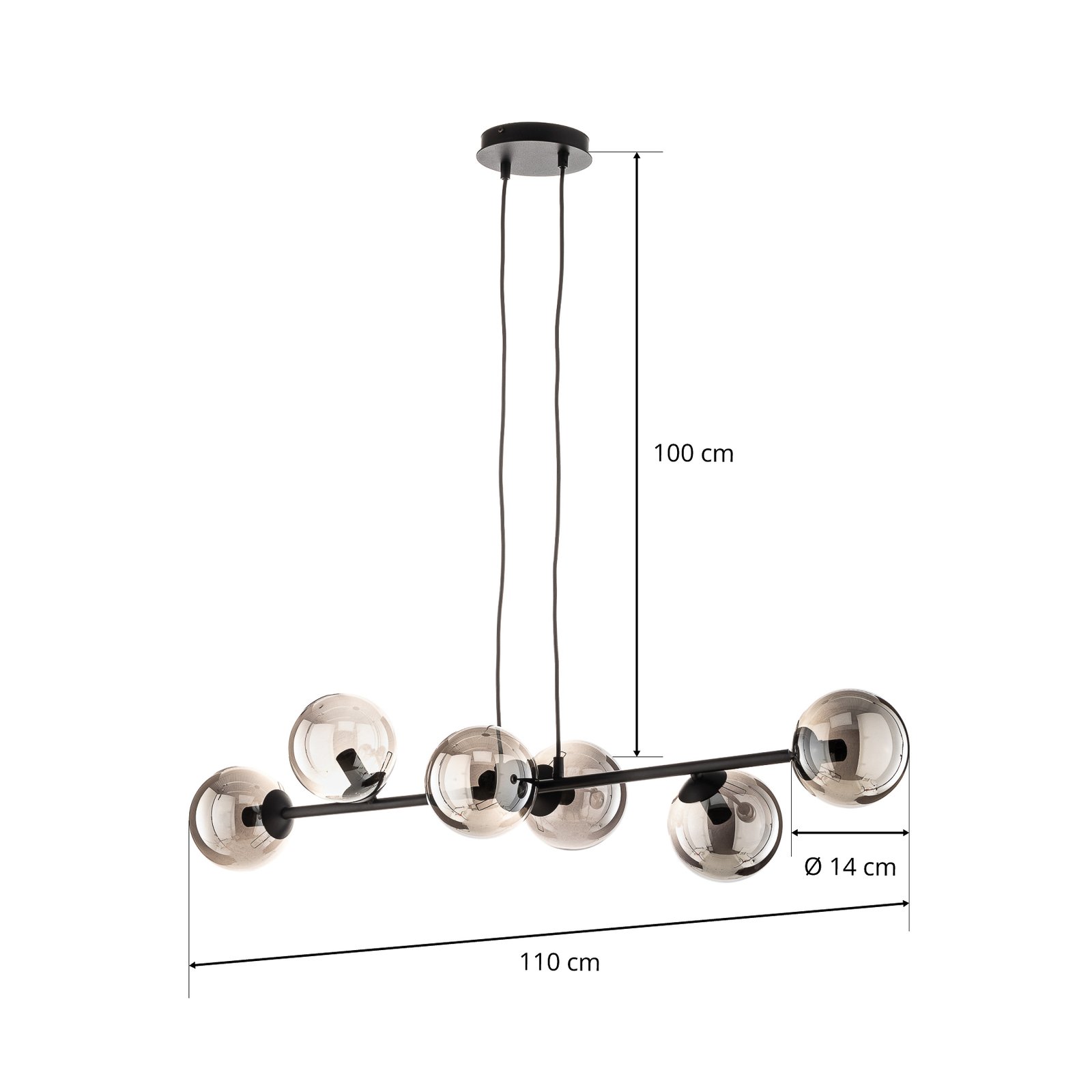 Glassy hanglamp, 6-lamps, zwart, grafiet, glas, 110cm