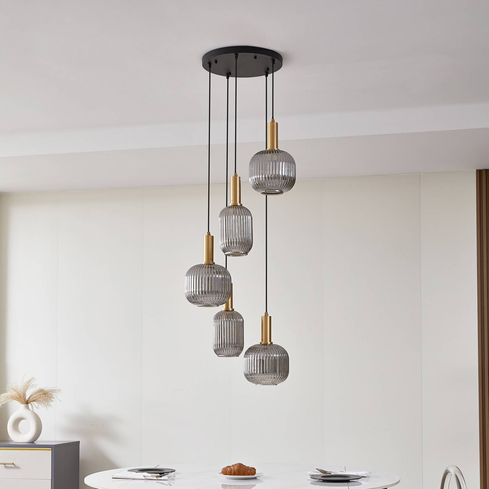 Lampa wisząca Lindby Doroteo, 5-punktowa, szary, szkło