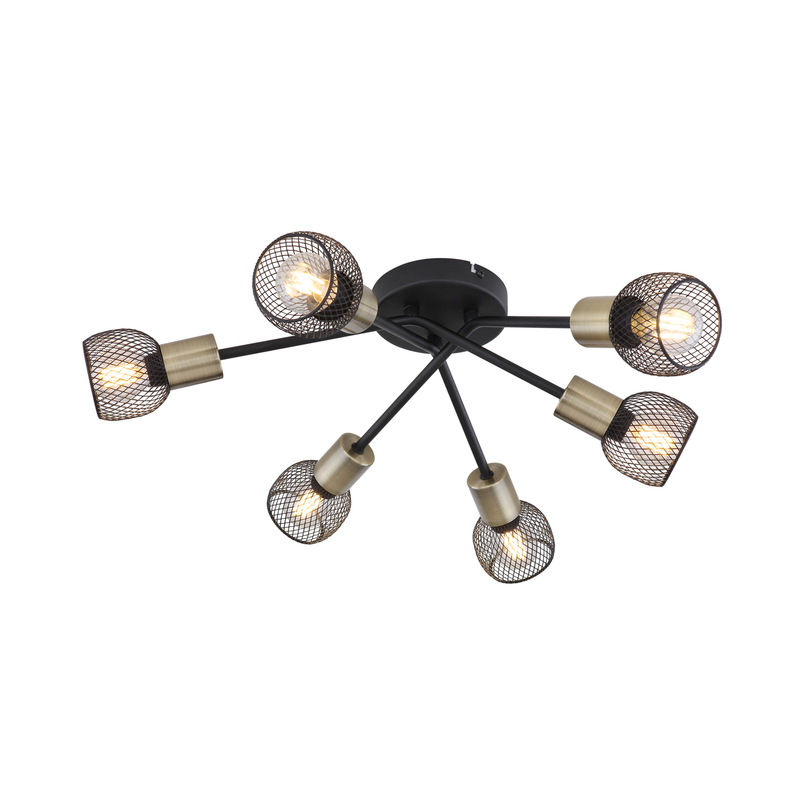 Fiastra ceiling light, black/antique brass, 6-bulb