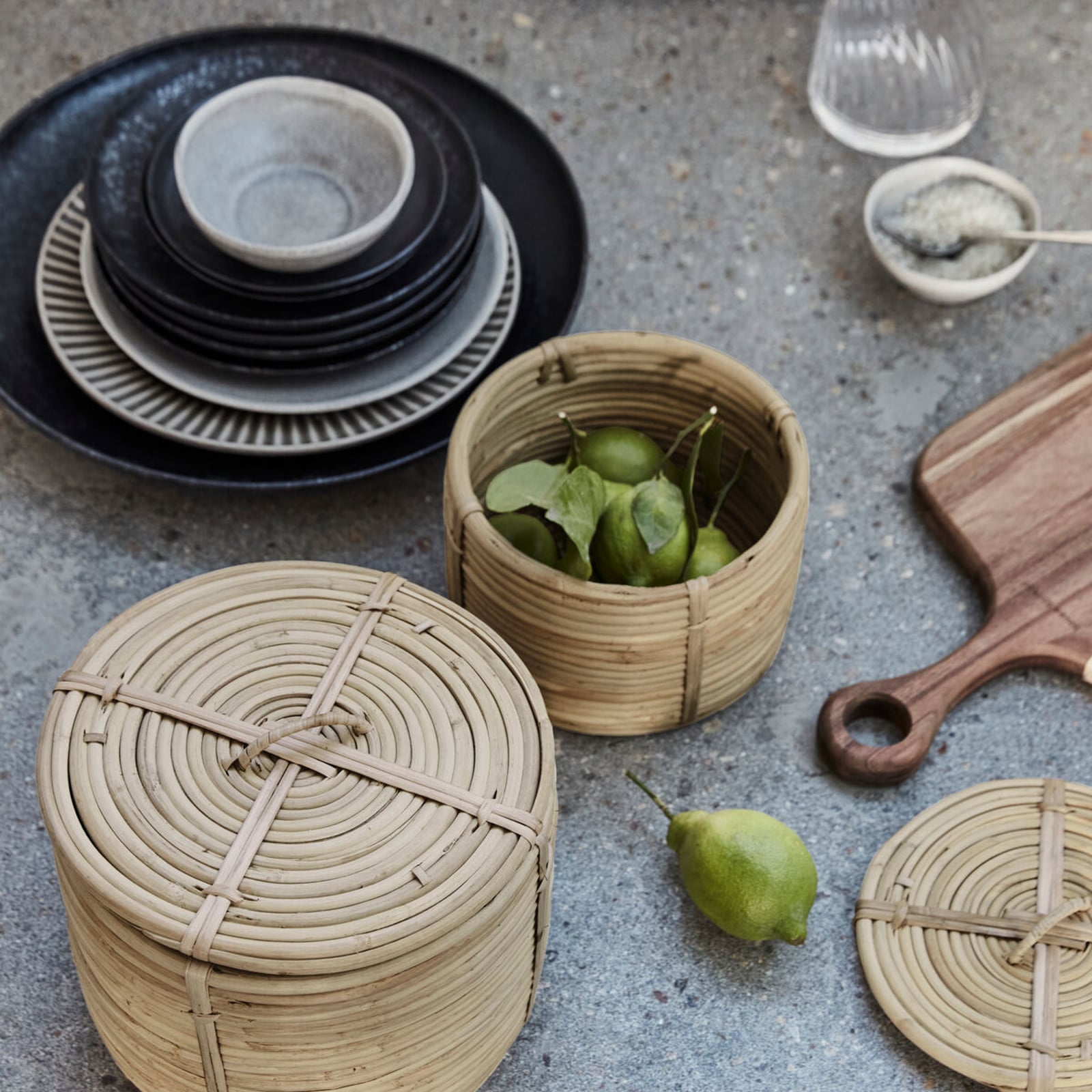 Cestino portaoggetti HDRound, rattan/bambù, set da 2 - House Doctor