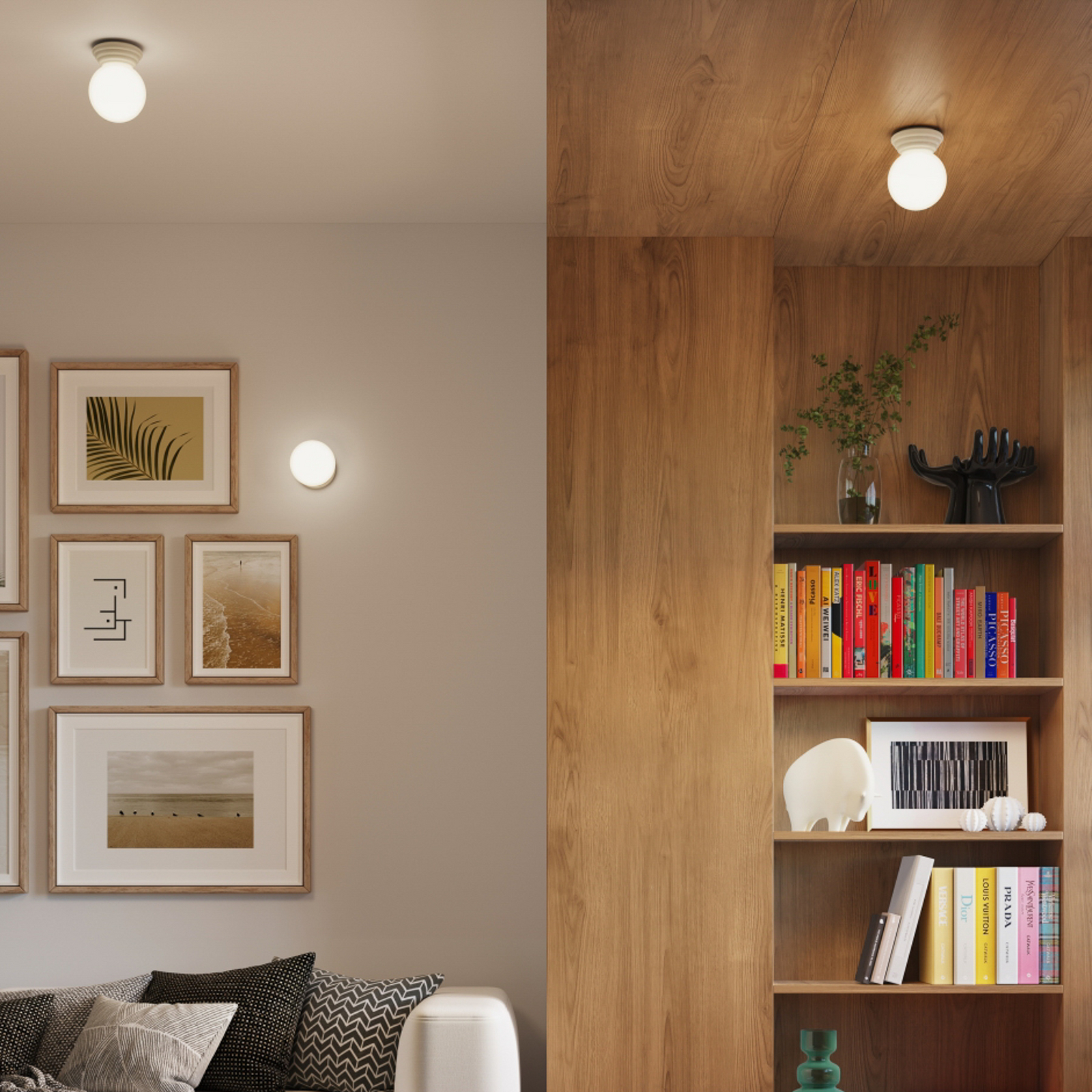 Taklampe Zori, beige/opal, Ø 16 cm, keramikk/glass, IP44 Taklampe Zori, beige/opal, Ø 16 cm, keramikk/glass, IP44