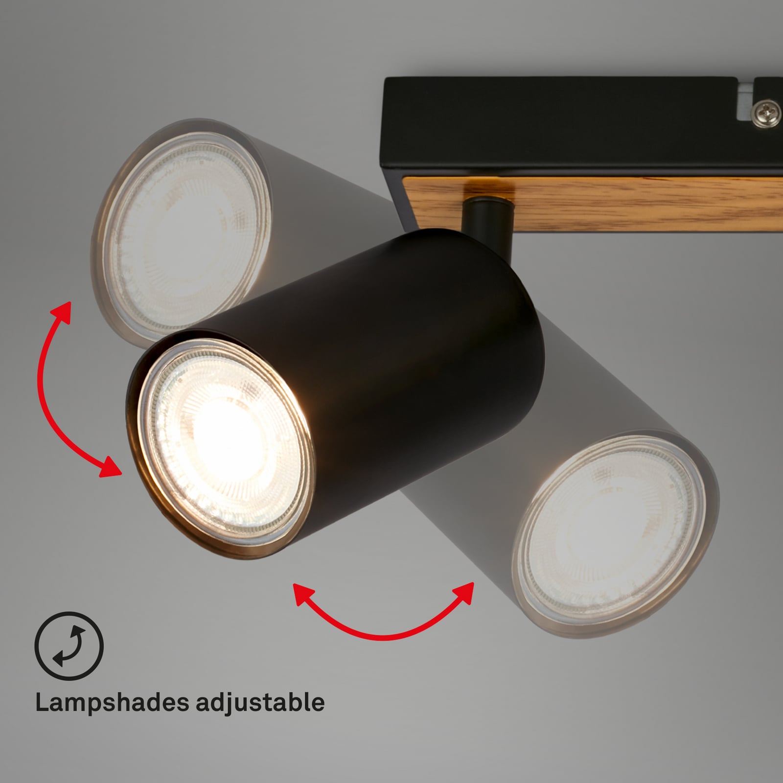 Tib downlight, black/wood, 3-bulb, adjustable, metal