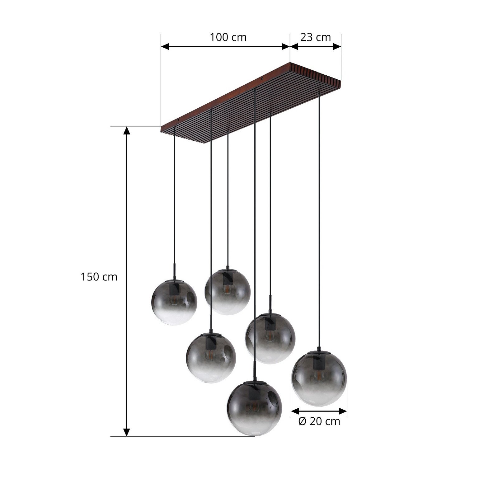 Lucande Lampă suspendată Veloura 6 becuri 100 cm sticlă lemn - Camera de zi / sufragerie - Design - Lemn închis gri fumuriu