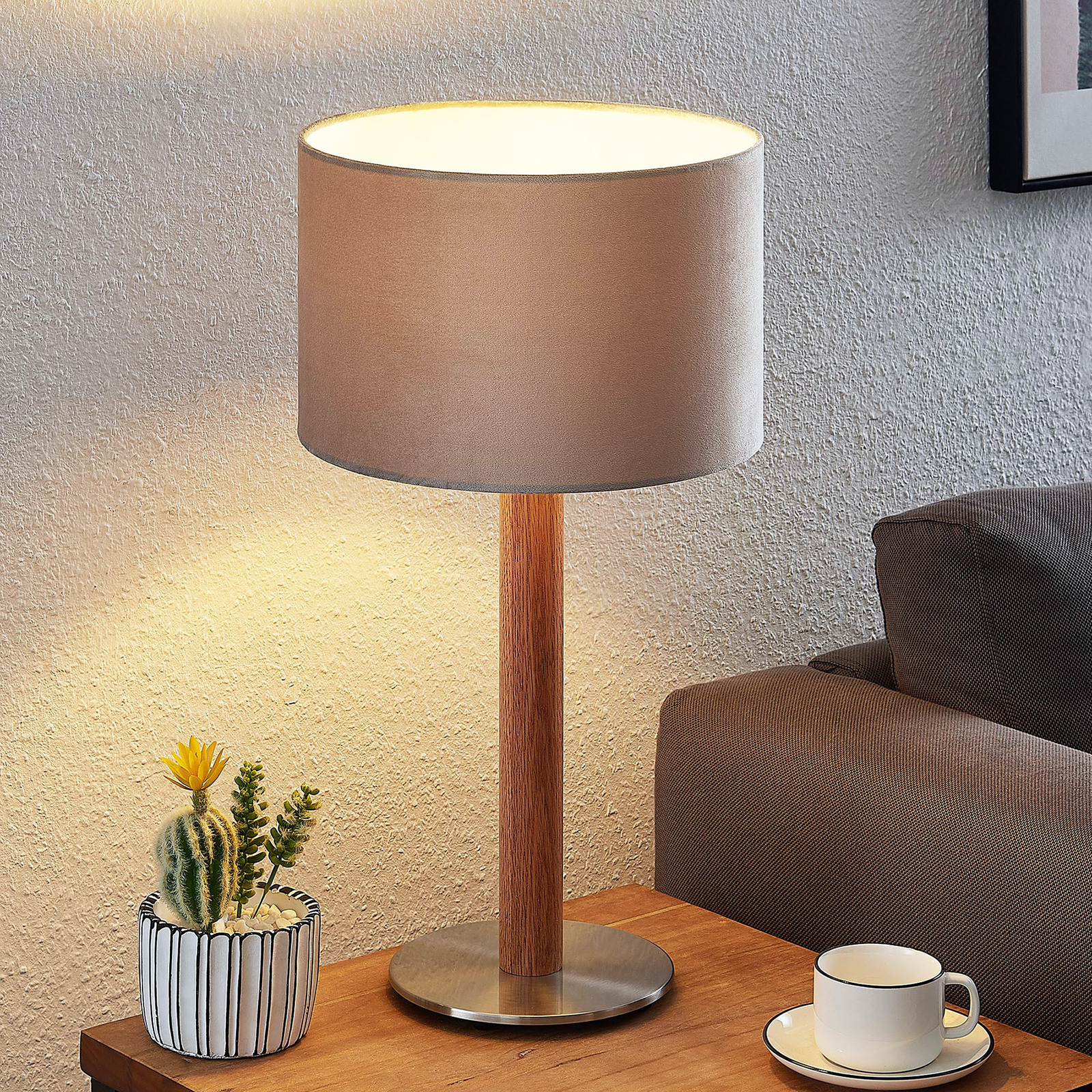 Lucande Heily table lamp, cylinder, 21 cm, grey