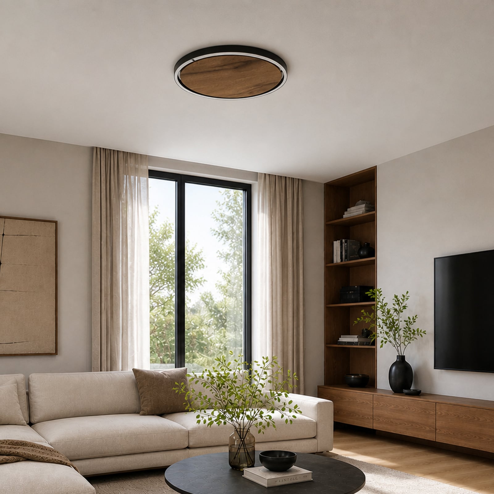 LED plafondlamp Havana M, eikenhout met knoesten/metaal, Ø 57 cm