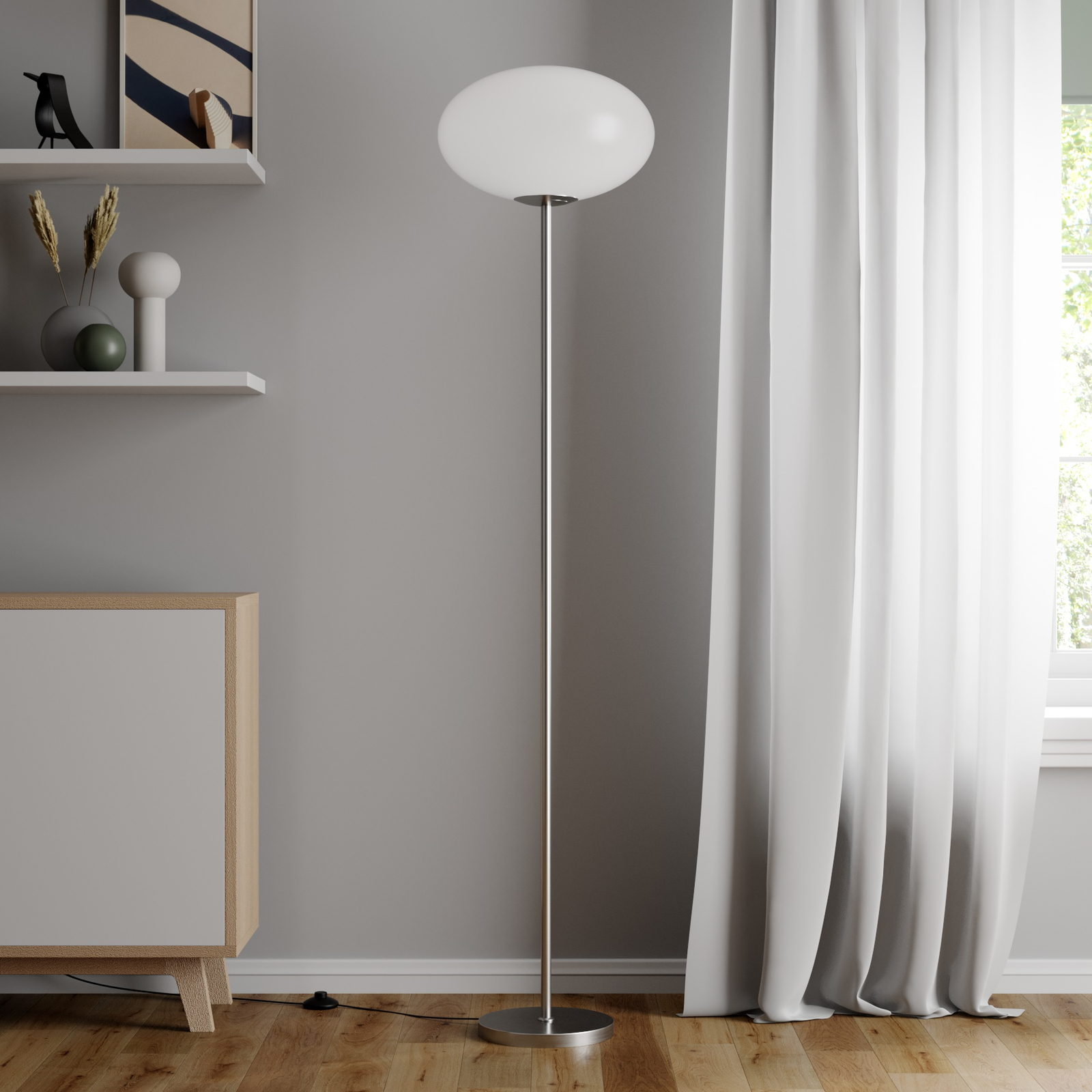 Lindby Stehlampe Sonika, 175 cm, nickelfarben, Glas, E27