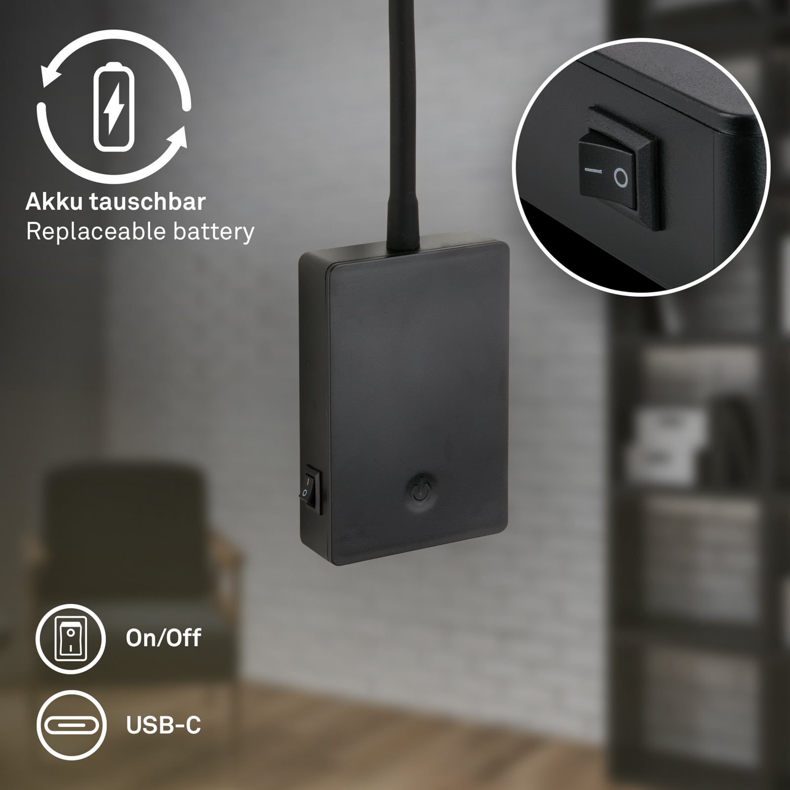 LED-läslampa med batteri Brilo unplugged Smooth, svart, med dimmer LED-läslampa med batteri Brilo unplugged Smooth, svart, med dimmer