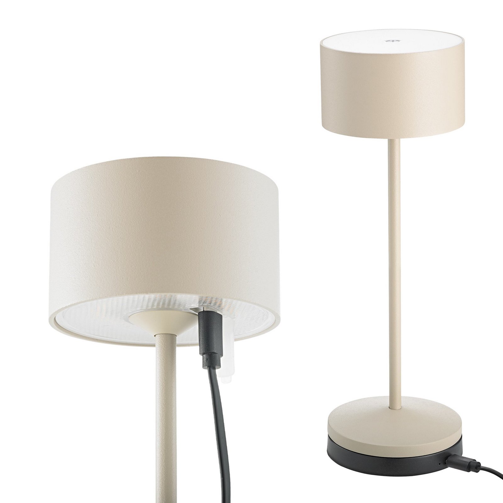 LED tölthető asztali világítás Veluna, bézs, magasság 25 cm, IP44, dimmelhető