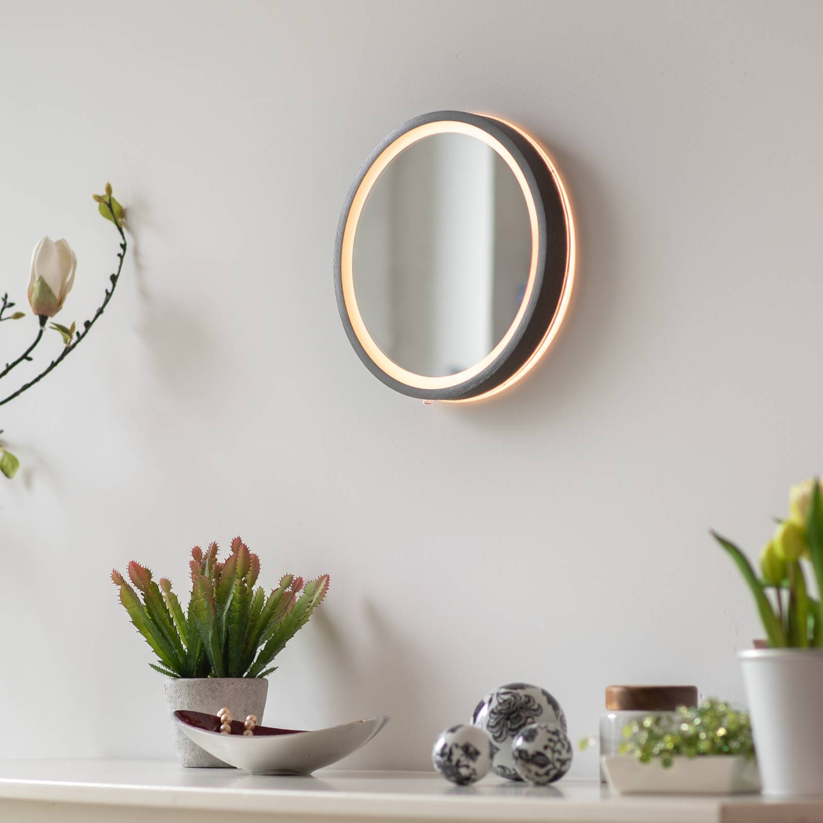 LED-Wandspiegel VIDRO, grau, Ø 26 cm, Powerbank, Schalter günstig online kaufen