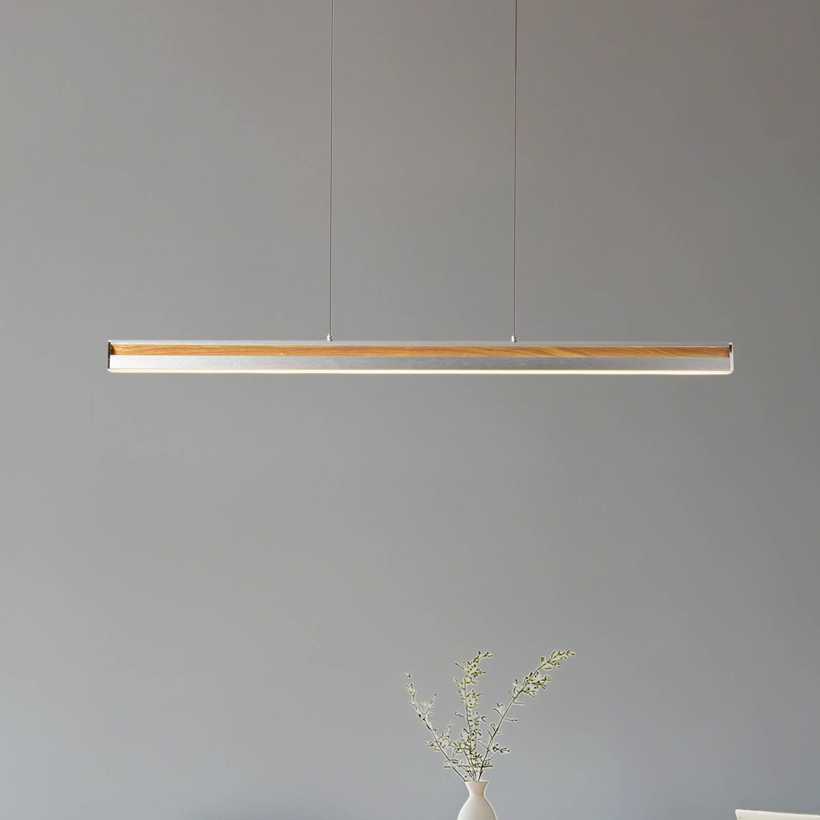 Żyrandol LED Lucande Lutana, różowe złoto/kolor drewna, 101 cm